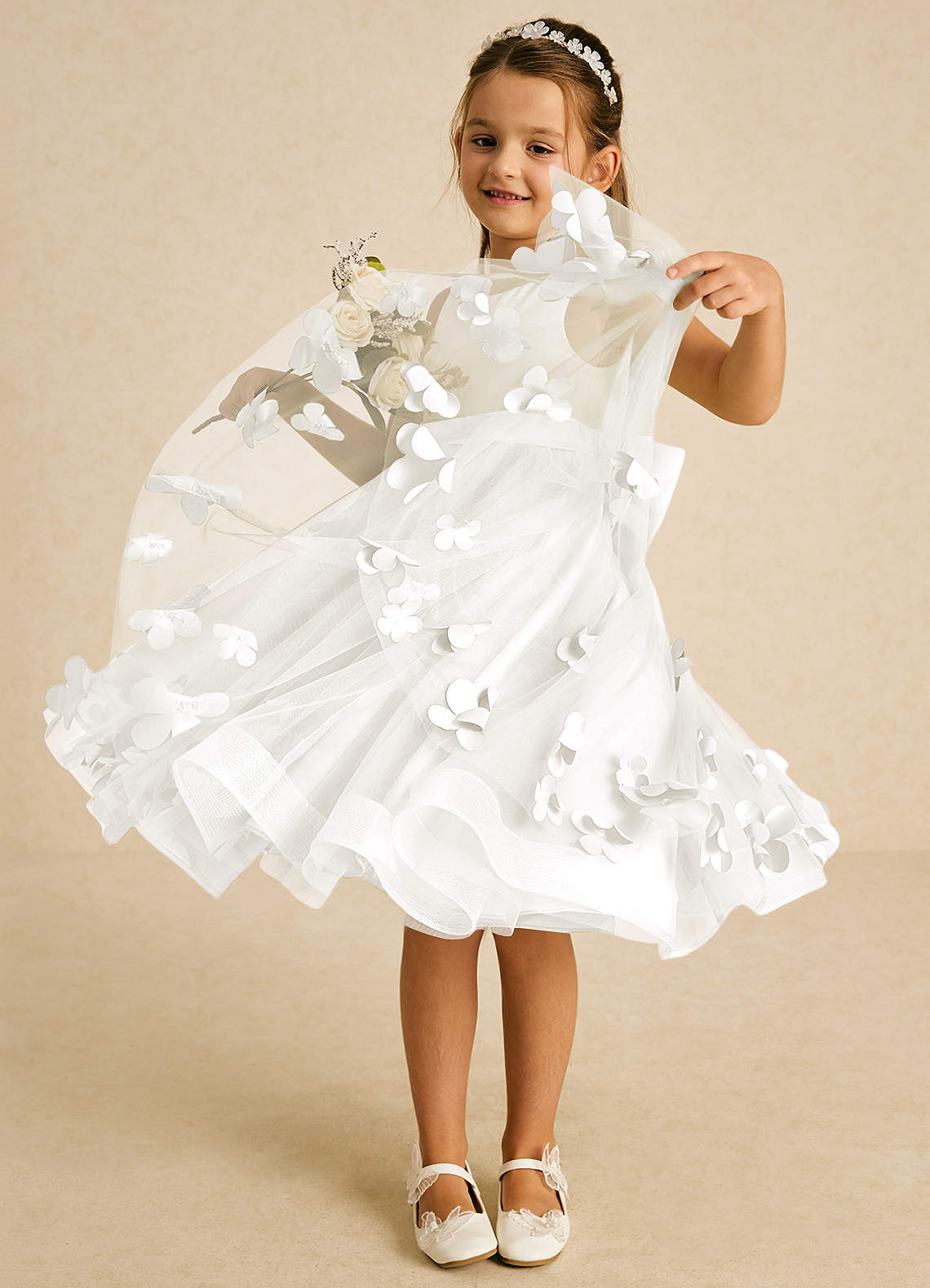 Azazie Sprout Flower Girl Dresses Ivory A-Line Bow Tulle Dress image2