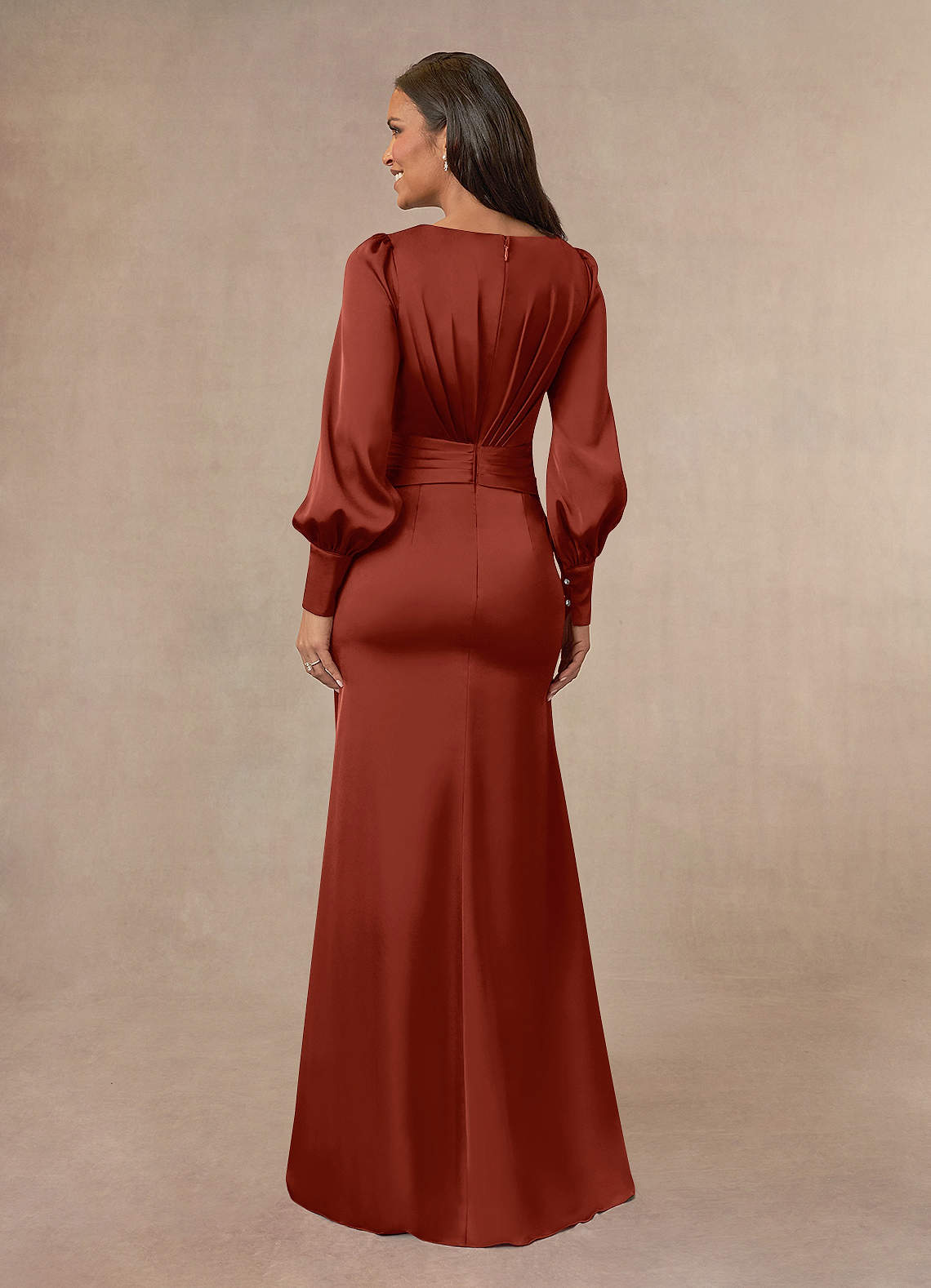 Terracotta Azazie Petrina Mermaid Pleated Stretch Satin Floor-Length ...