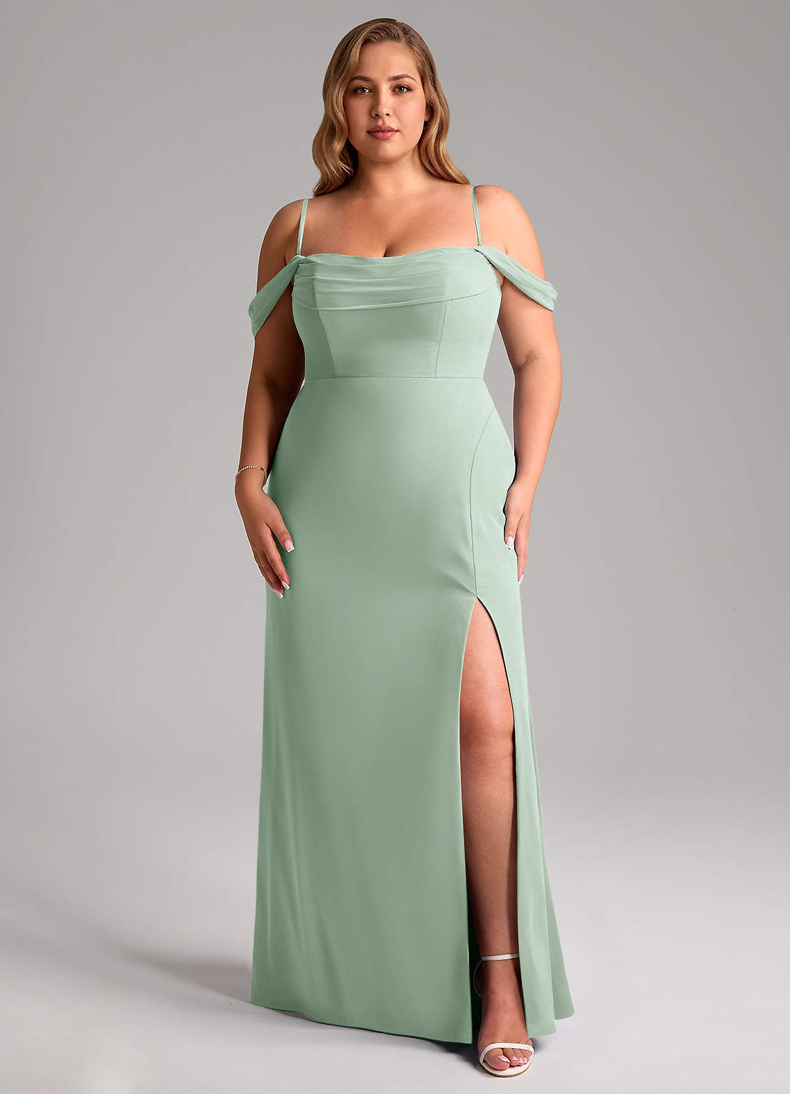 Azazie Saige Bridesmaid Dresses Agave A-Line Off the Shoulder Chiffon Convertible Dress image13