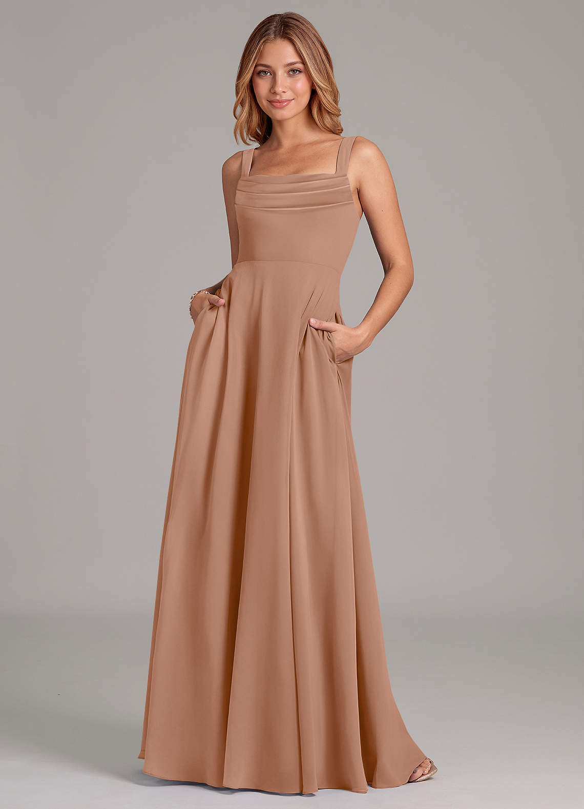 Azazie Shaude Bridesmaid Dresses Champagne Rose A-Line Pleated Chiffon Dress image1