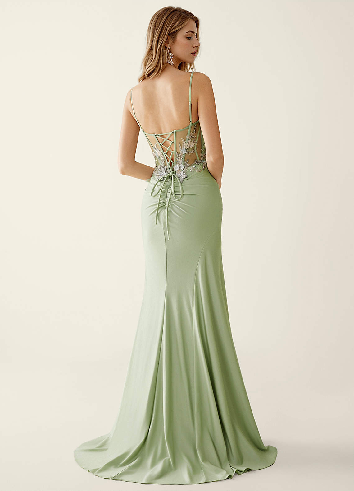 sage green satin prom dress La La Land 16