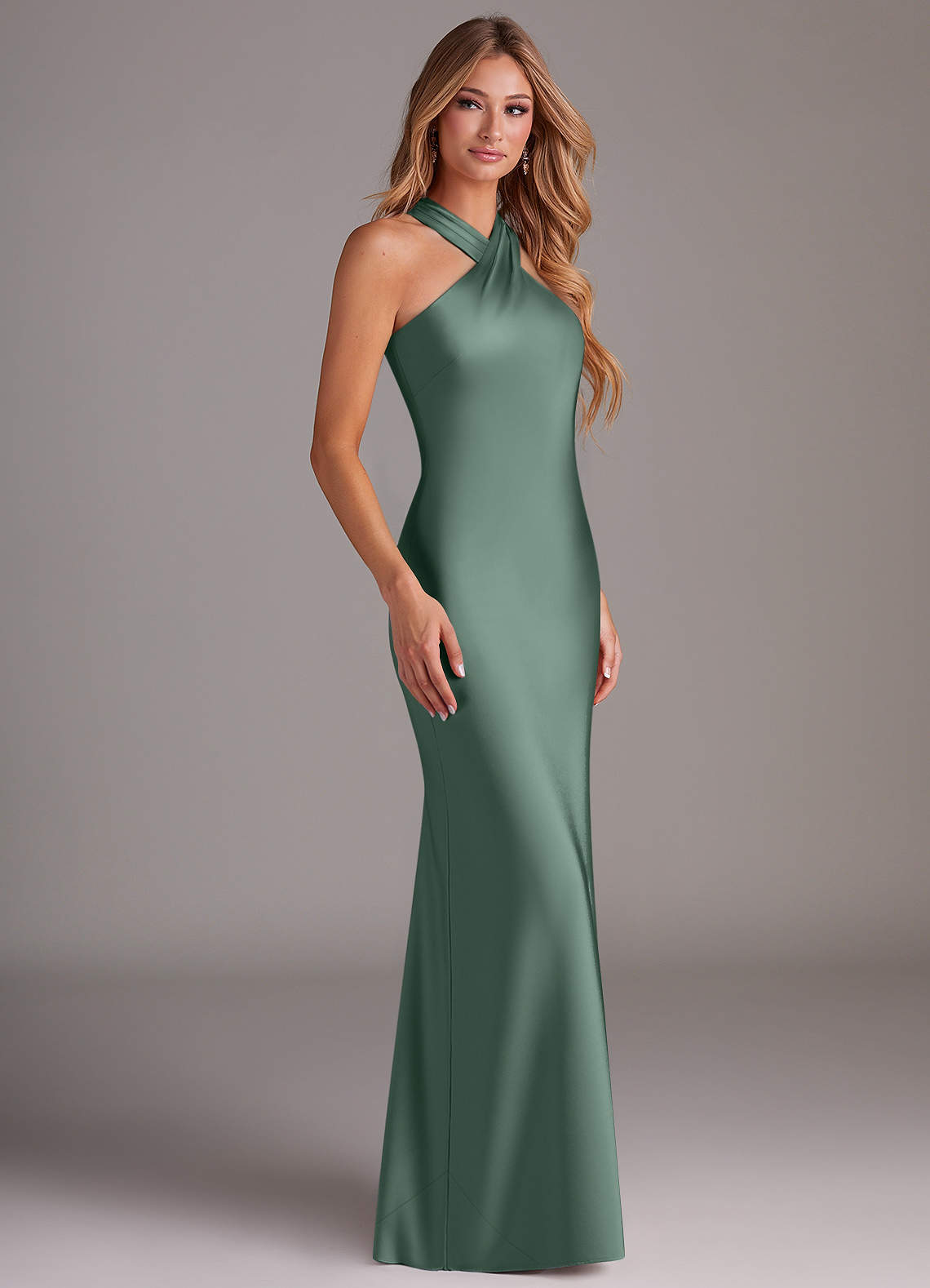 Azazie Doretta Bridesmaid Dresses Eucalyptus Mermaid Pleated Stretch Satin Dress image3