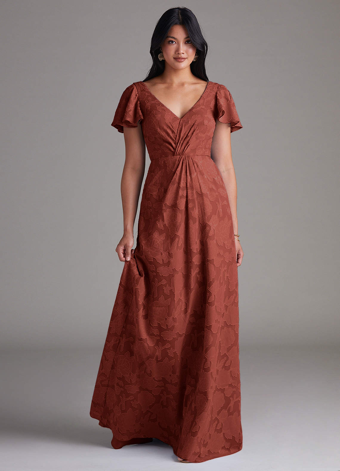 Azazie Soren Bridesmaid Dresses Terracotta A-Line Pleated Floral Burnout Dress image1