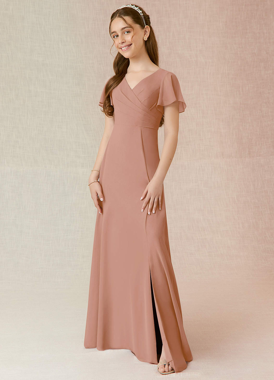 Azazie Induh Junior Champagne Rose A-Line Ruched Chiffon Dress image1