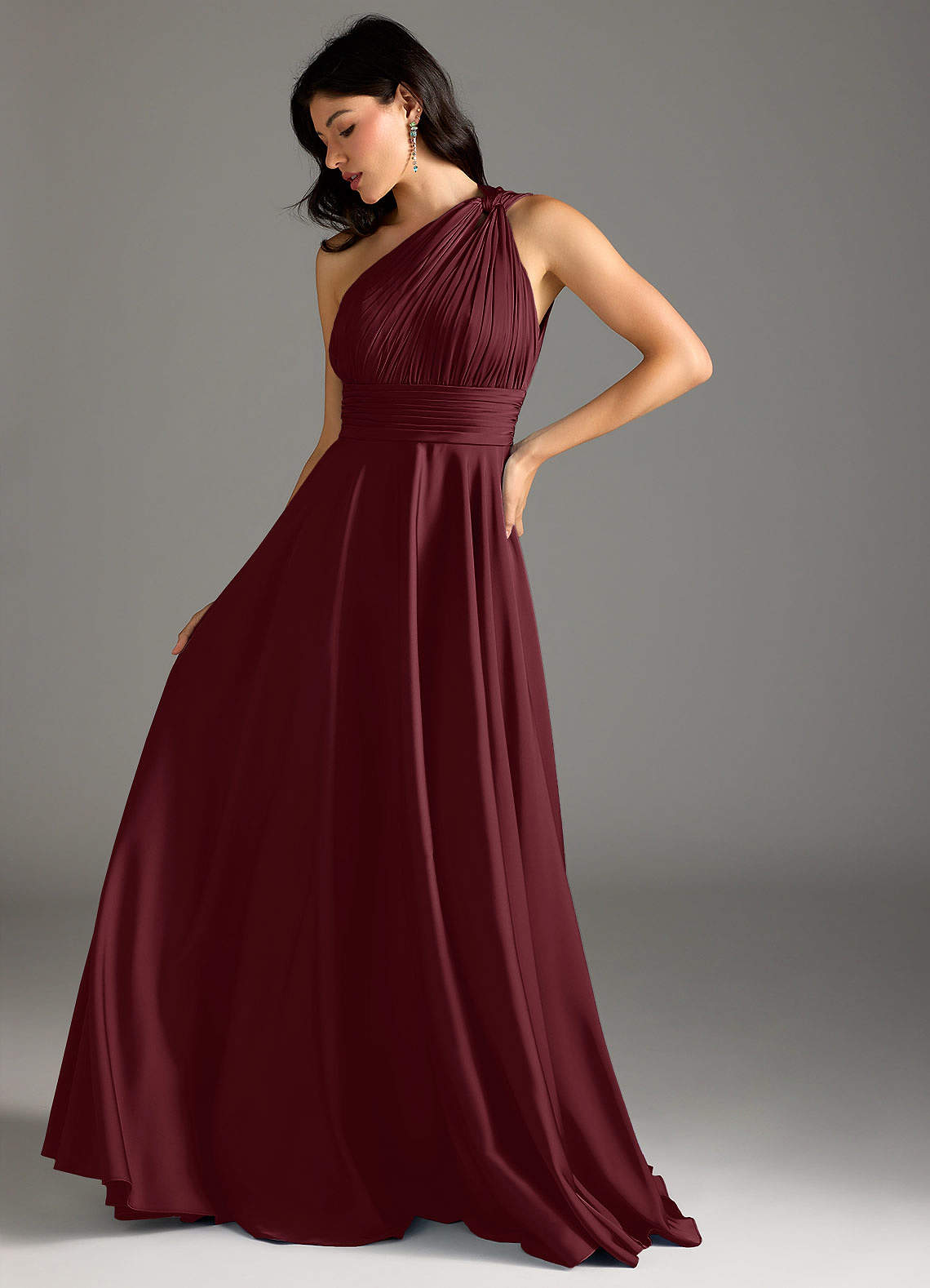 Azazie Charlize Bridesmaid Dresses Cabernet A-Line One Shoulder Stretch Satin Dress image4