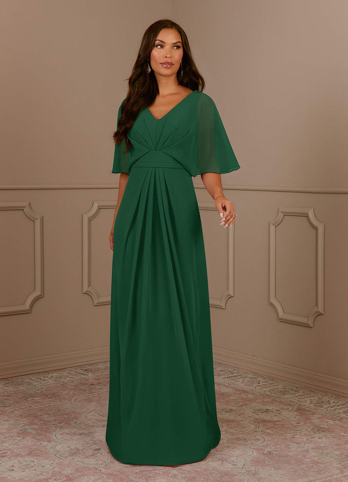 Azazie Oksana Dark Green A-Line V-Neck Pleated Chiffon Dress | Azazie