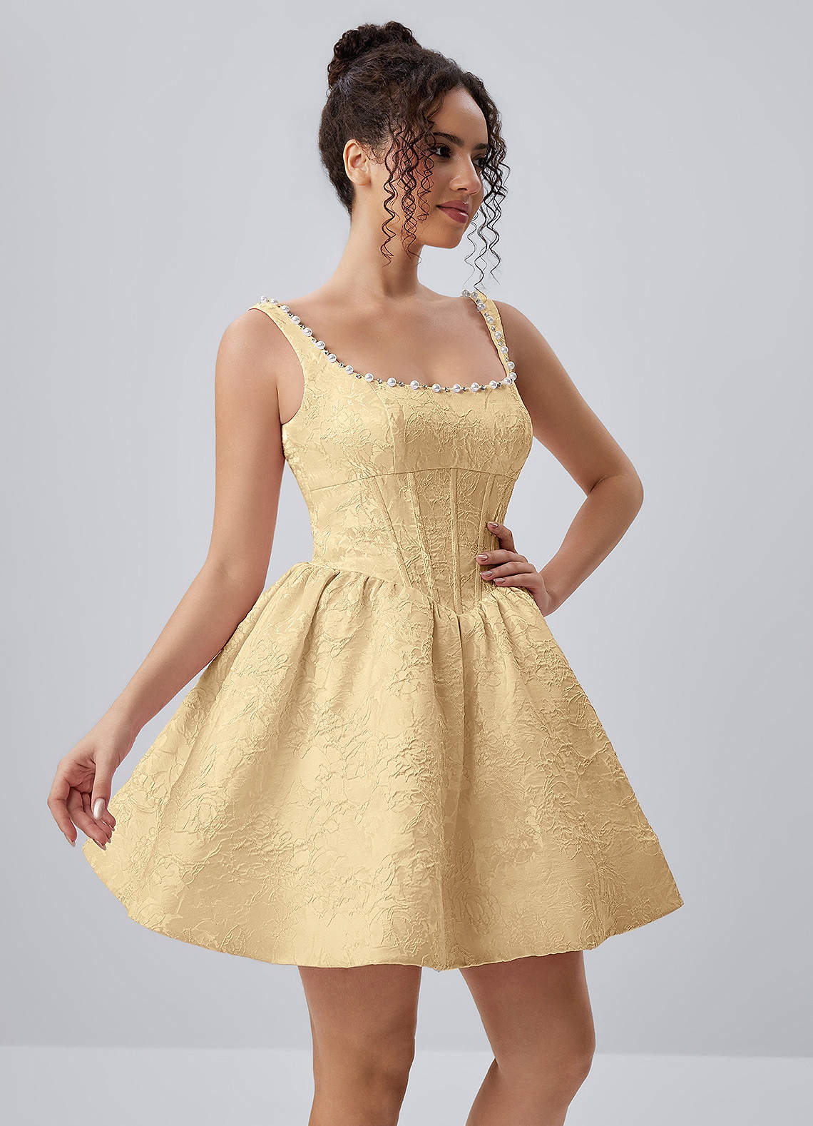 Phinsera Orange Jacquard Corset Beading Rhinestones Lace-up Back Mini Dress