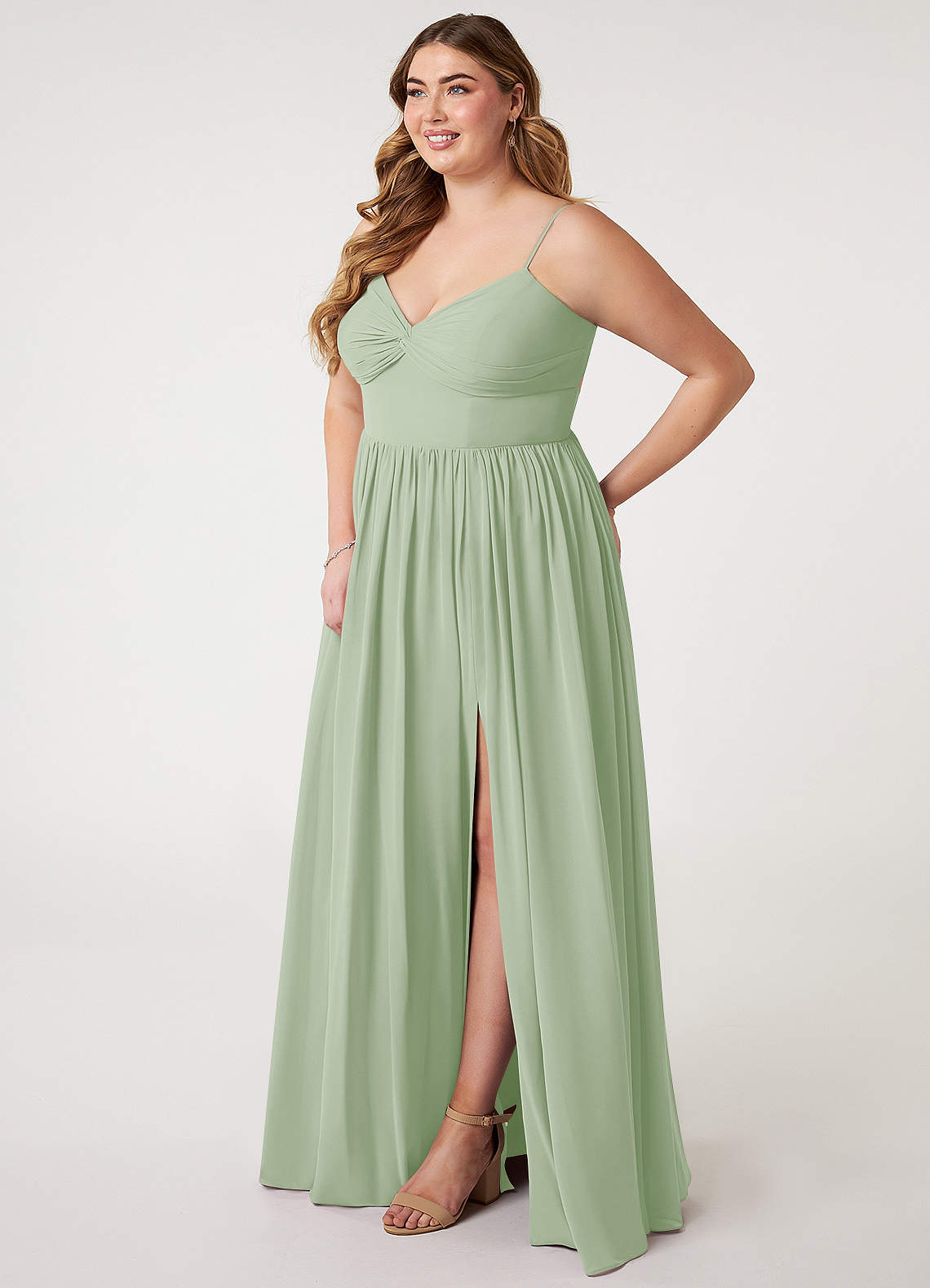Dusty Sage Illusion Neck Pleated Chiffon Long Bridesmaid Dress