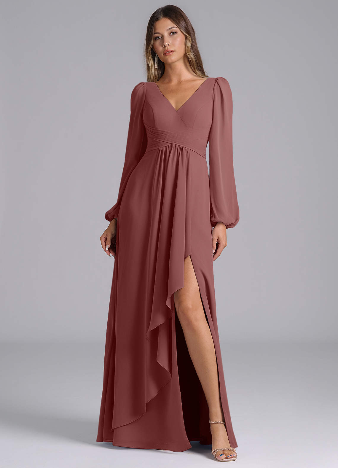 Azazie Omari Brautjungfernkleider A-Linie Langarm Chiffon Kleid Wüstenrose image1