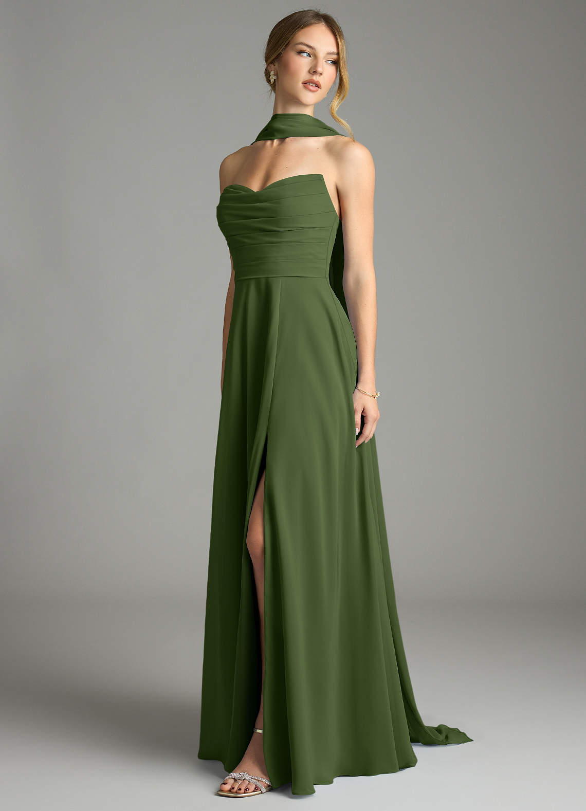 olive green chiffon bridesmaid dresses BABARONI BABARONI Chiffon Olive Green Bridesmaid Dresses V-neck Sweep/Brush Train Backless Straps Beaded A-line, Olive Green / US18