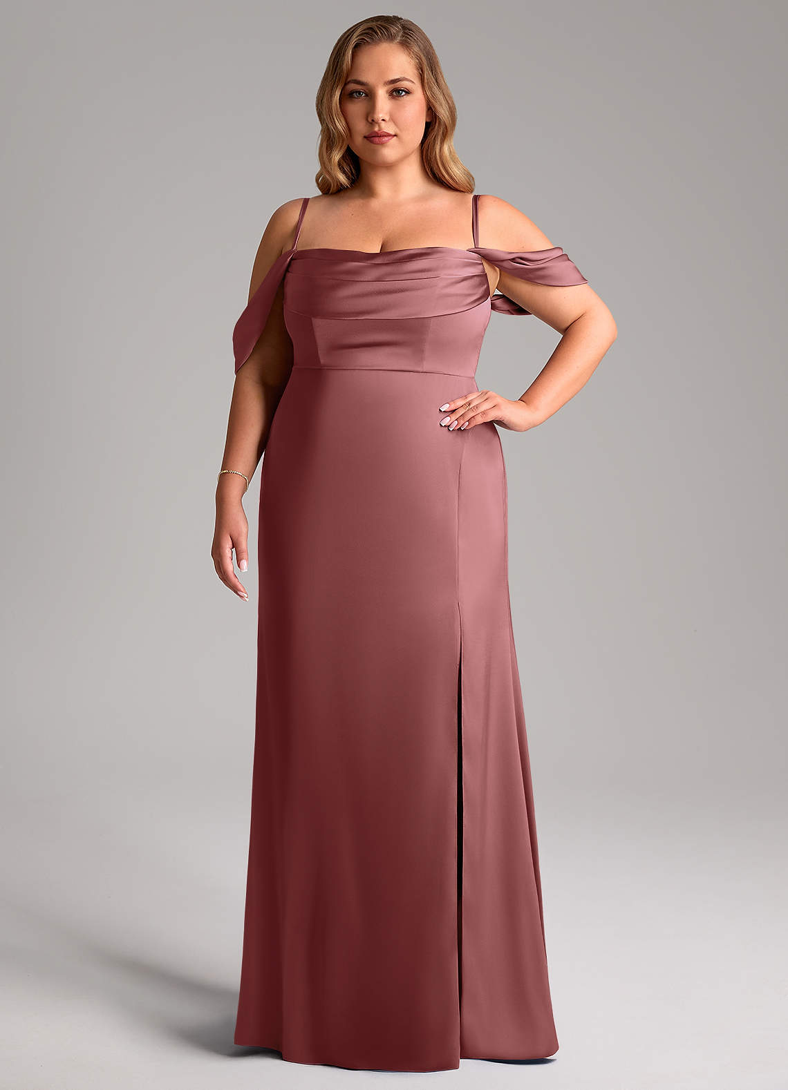 Azazie Saige Bridesmaid Dresses Amethyst Sheath Off the Shoulder Stretch Satin Dress image14