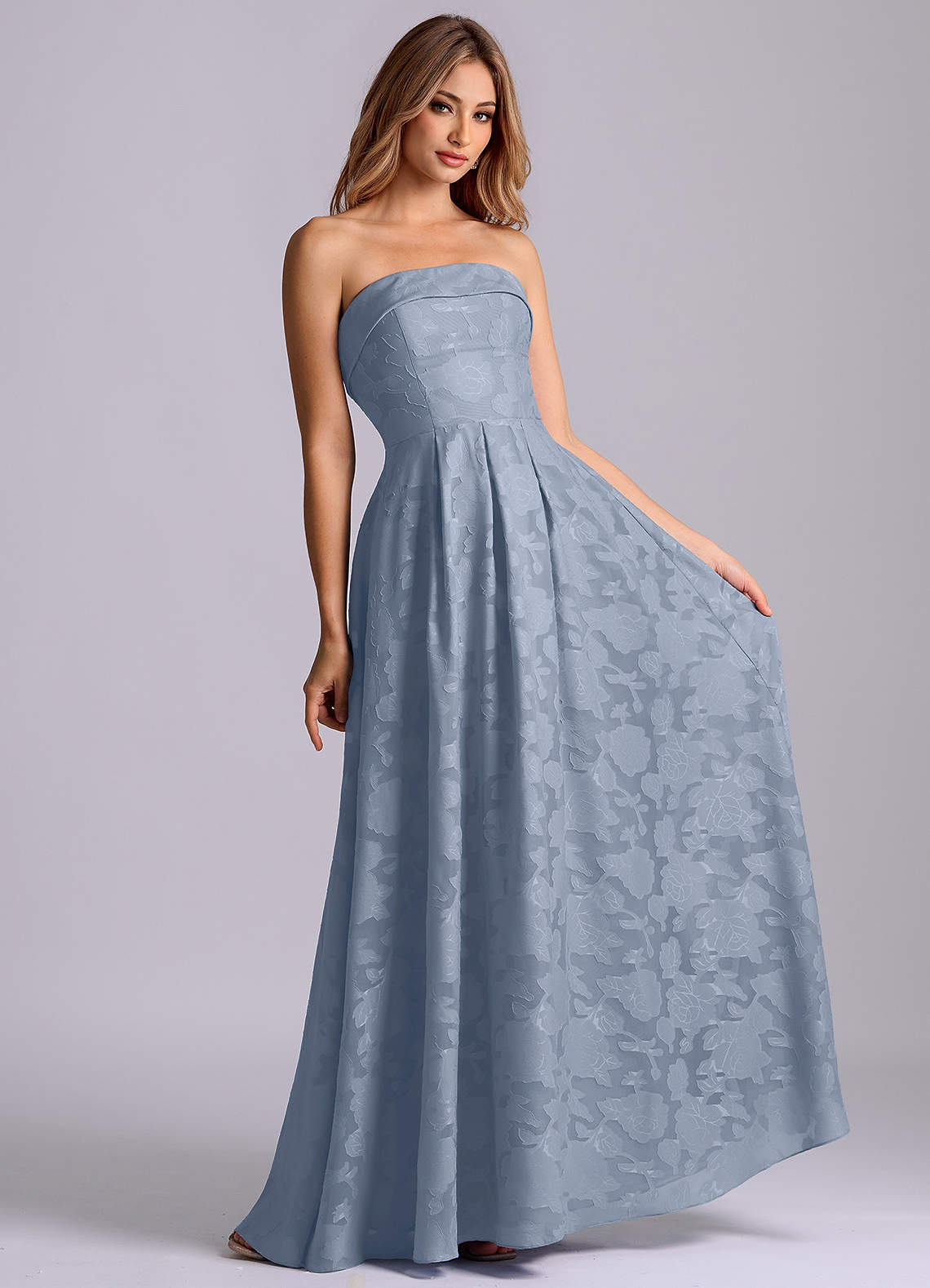 Azazie Lucienne Bridesmaid Dresses Dusty Blue A-Line Strapless Floral Burnout Dress image3