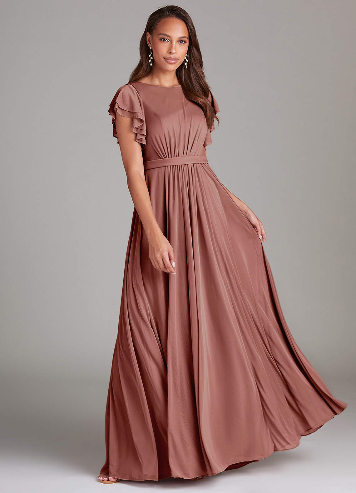 Azazie Daphne Modest Bridesmaid Dresses A-Line Ruched Mesh Floor-Length Dress image1