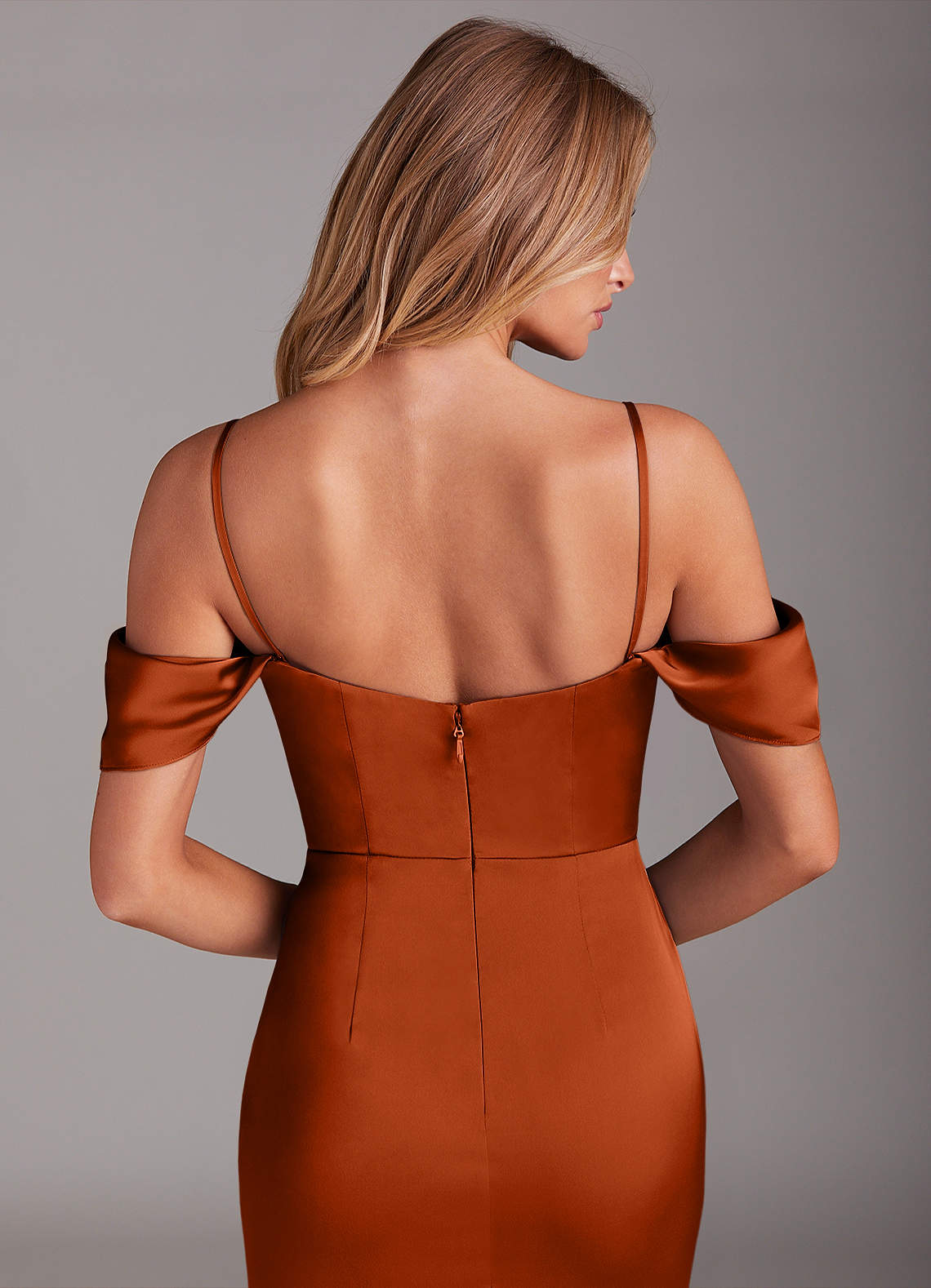 Azazie Saige Bridesmaid Dresses Burnt Orange Sheath Off the Shoulder Stretch Satin Dress image7