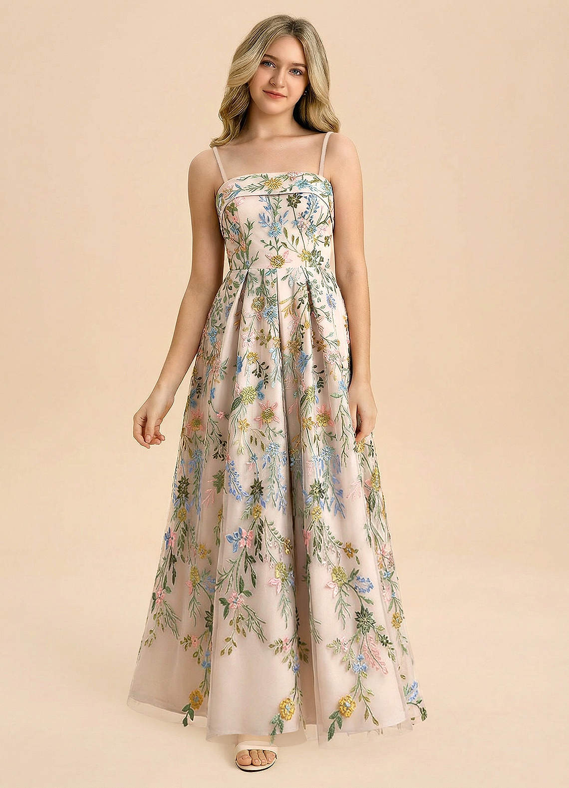 Azazie Evangeline Junior Formal Klä av A-Line i 3D blommig broderad spets Plisserad image2