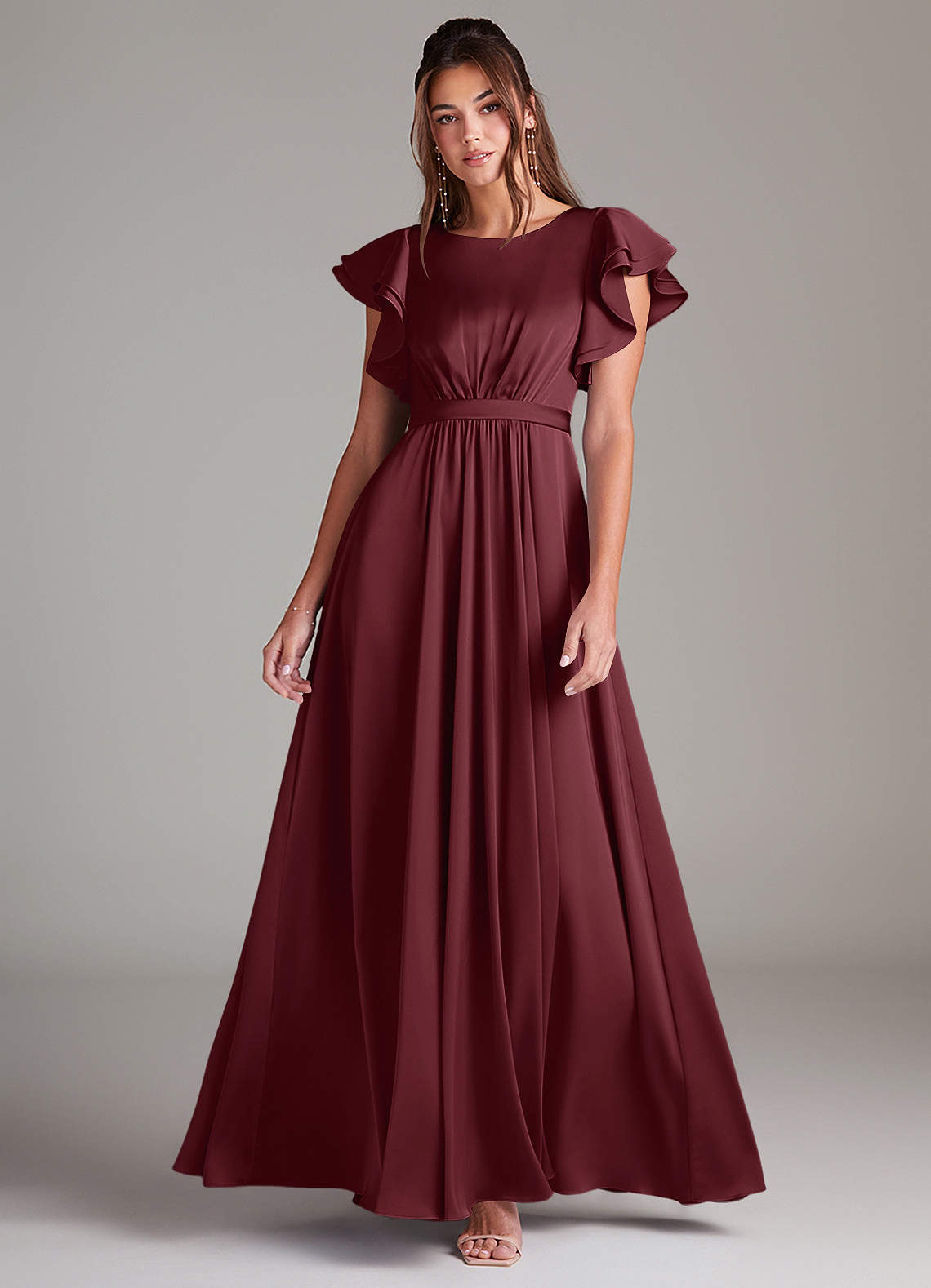 Azazie Daphne Modest Bridesmaid Dresses A-Line Ruched Stretch Satin Floor-Length Dress image1