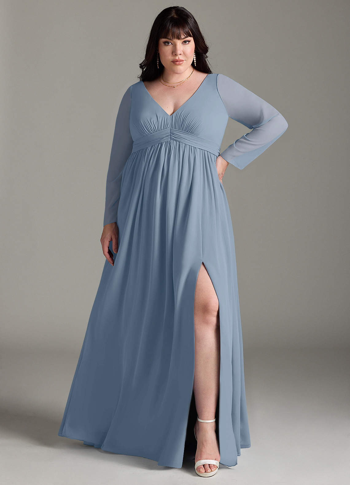 Azazie Teton Maternity Bridesmaid Dresses A-Line Long Sleeve Chiffon Floor-Length Dress image6