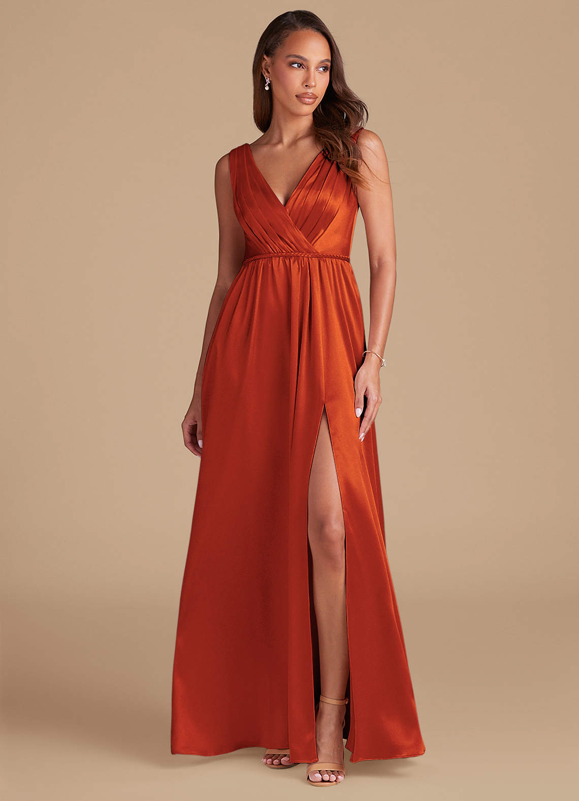 Azazie Tanicia Bridesmaid Dresses Paprika A-Line Pleated Metallic Satin Dress image1