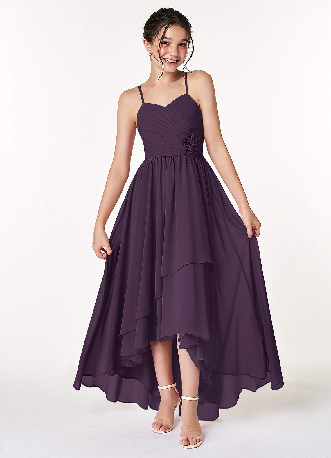 Azazie Catalina Junior A-Linie Gestreift Chiffon Kleid Pflaume image1