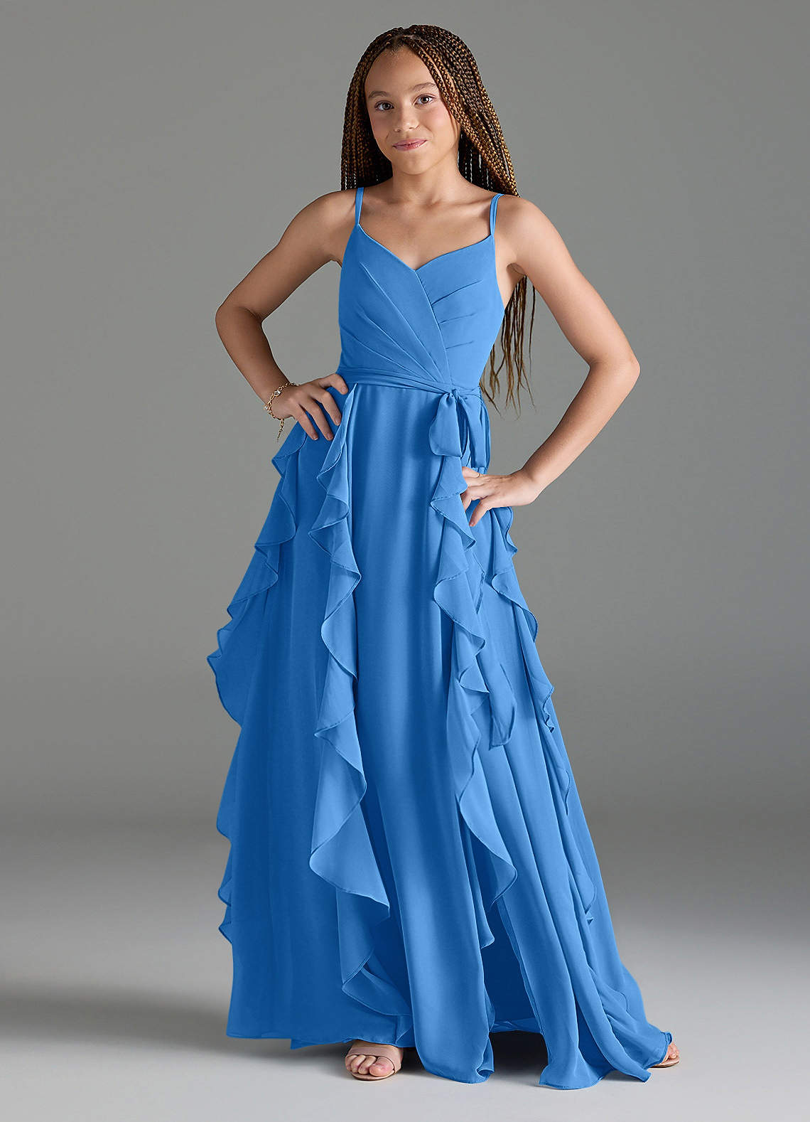 Azazie Peyton Junior A-Linie Kaskadierende Rüschen mit V-Ausschnitt Chiffon Kleid Blauhäher image1