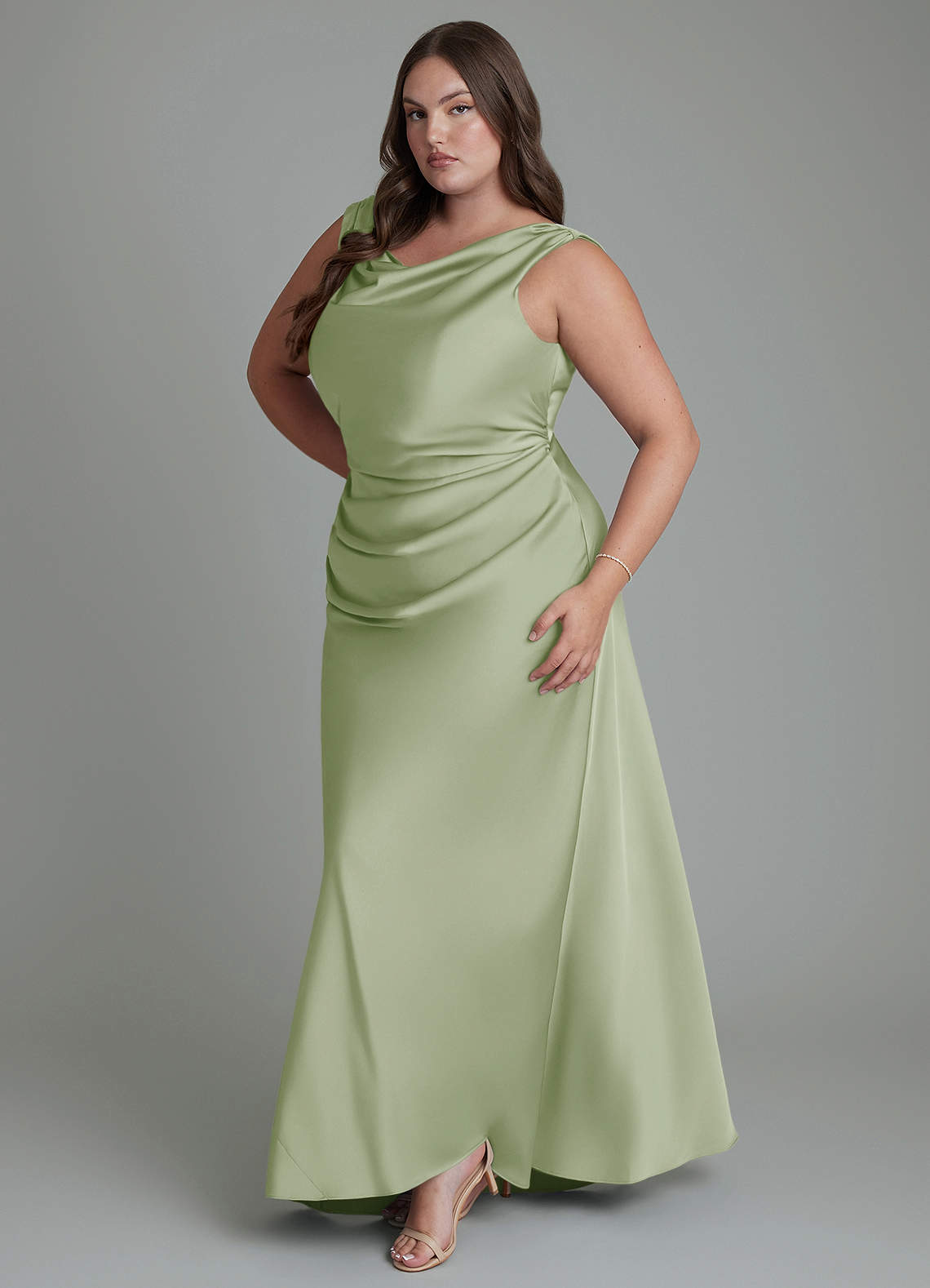 Azazie Kieryn Bridesmaid Dresses Dusty Sage Mermaid Pleated Stretch Satin Dress image10