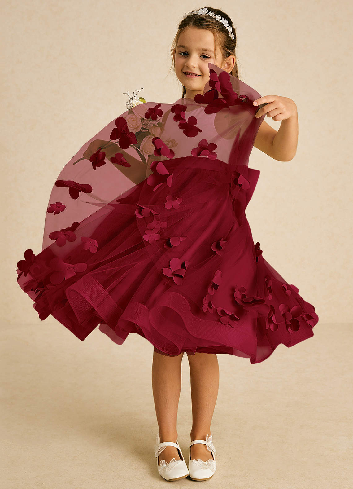 Azazie Sprout Flower Girl Dresses Burgundy A-Line Bow Tulle Dress image2