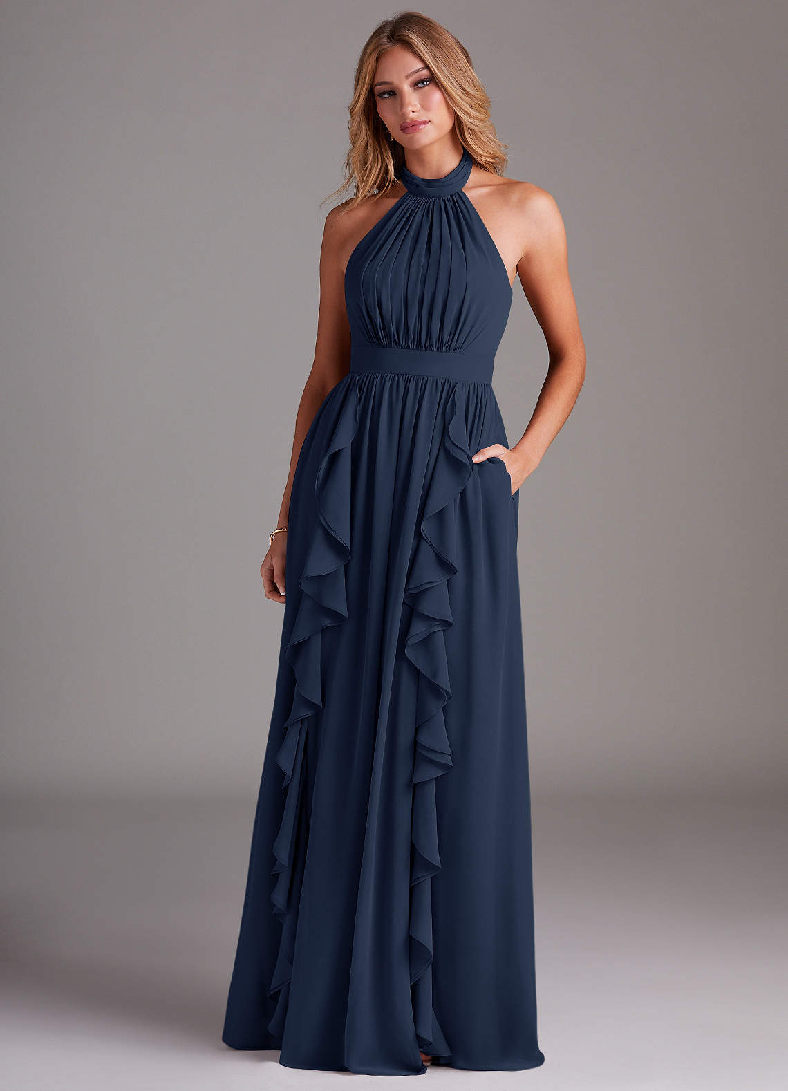 midnight blue maid of honor dresses Azazie Avary Dark Navy Chiffon Bridesmaid line bridesmaid dress features soft pleating across the sweetheart bodice that naturally defines the waist Halter Neck Midnight Blue Maid