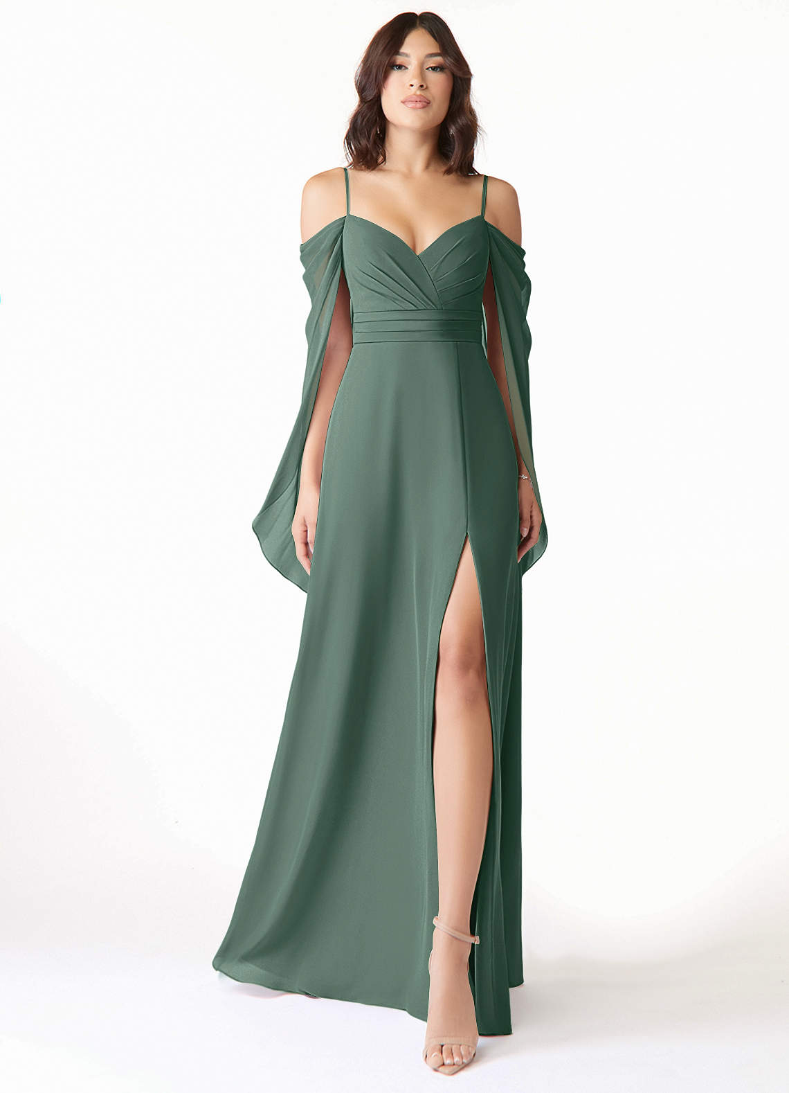 Azazie Cienna Robes de demoiselle d'honneur Robe Trapèze en Mousseline de soie Épaule décolletée Mousse De Mer image1