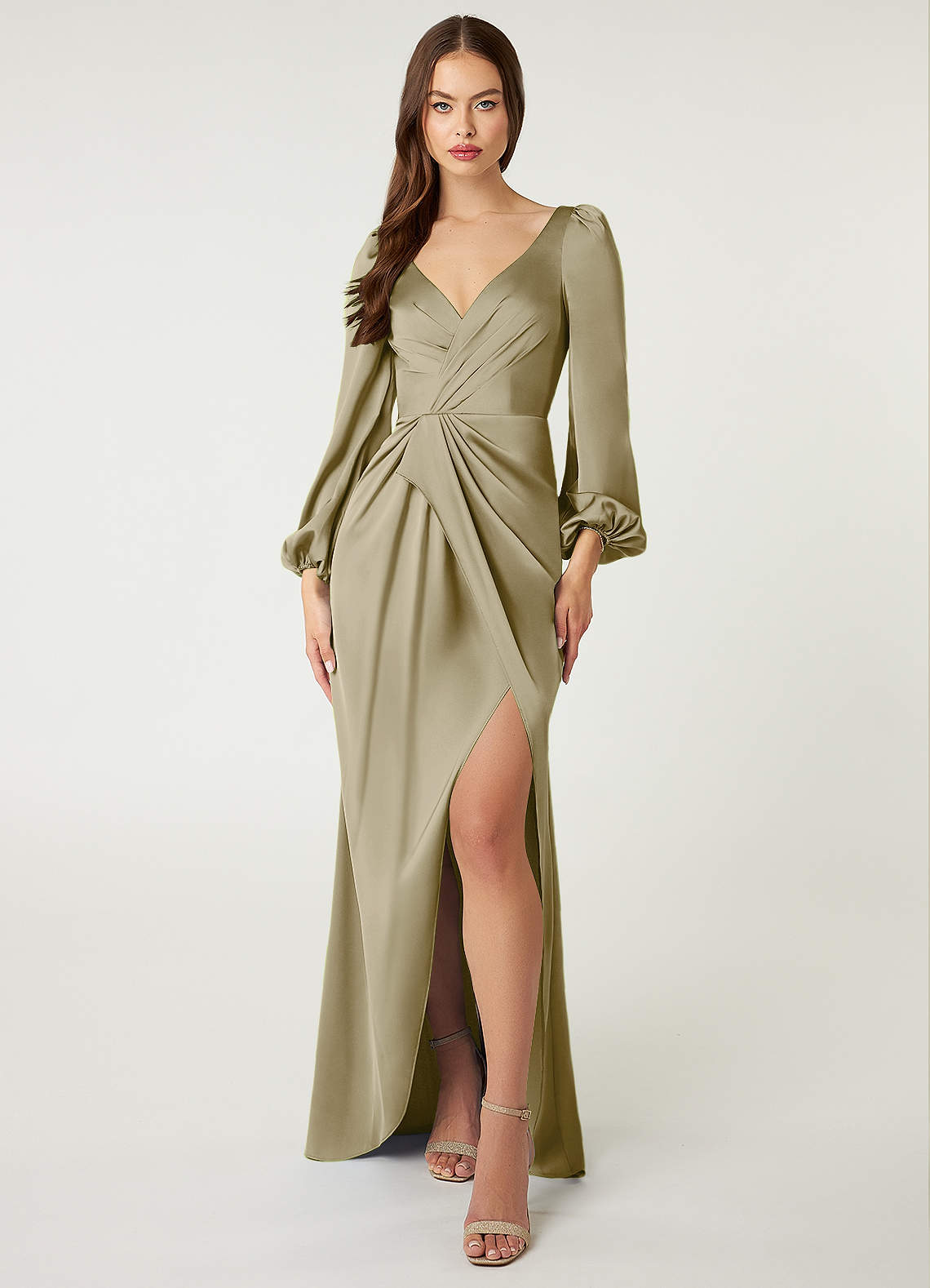Azazie Mel Bridesmaid Dresses Moss Green Sheath Long Sleeve Stretch Satin Dress image1