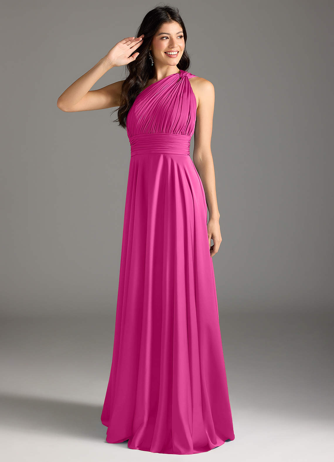 Azazie Charlize Robes de demoiselle d'honneur Robe Trapèze en Satin extensible Ue épaule Fuchsia image1