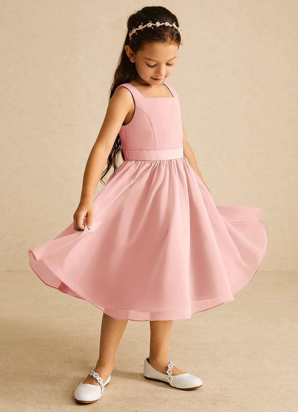 Azazie Ari Blumenmädchenkleider A-Linie ärmellos Chiffon Kleid Rosettenrosa image1