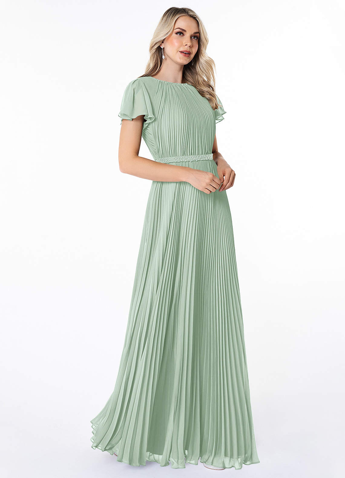 Azazie Kara Modest Bridesmaid Dresses A-Line Pleated Chiffon Floor-Length Dress image1