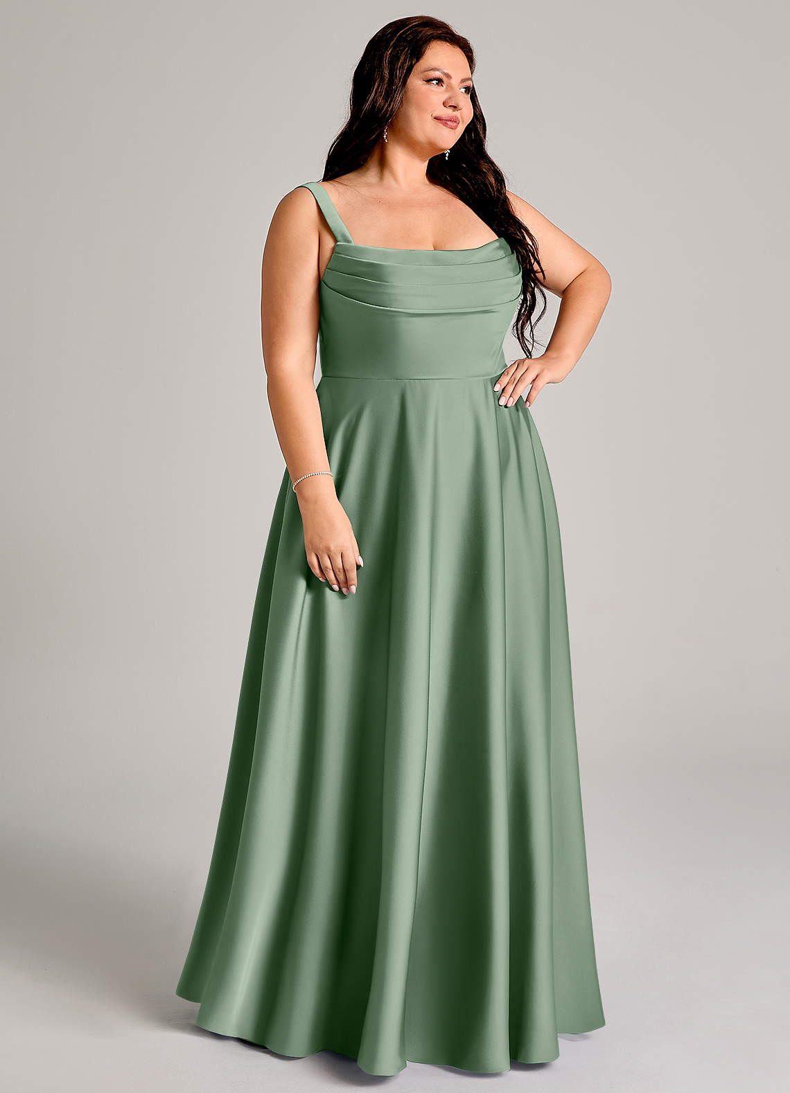 Azazie Shaude Bridesmaid Dresses Matcha A-Line Pleated Stretch Satin Dress image9