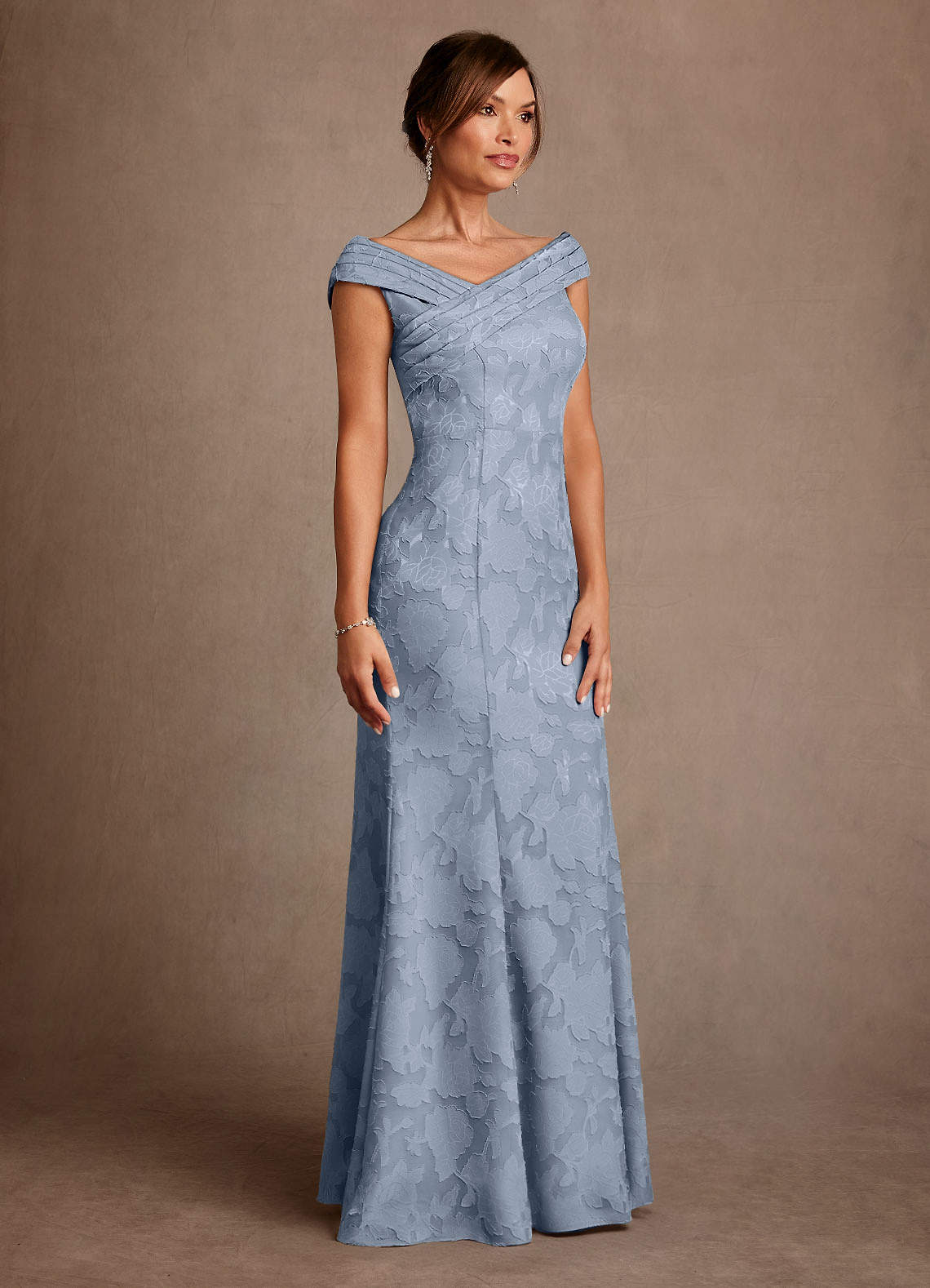 Azazie Aberdeen At-home Try On Dresses Dusty Blue Sheath Pleated Floral Burnout Dress image2