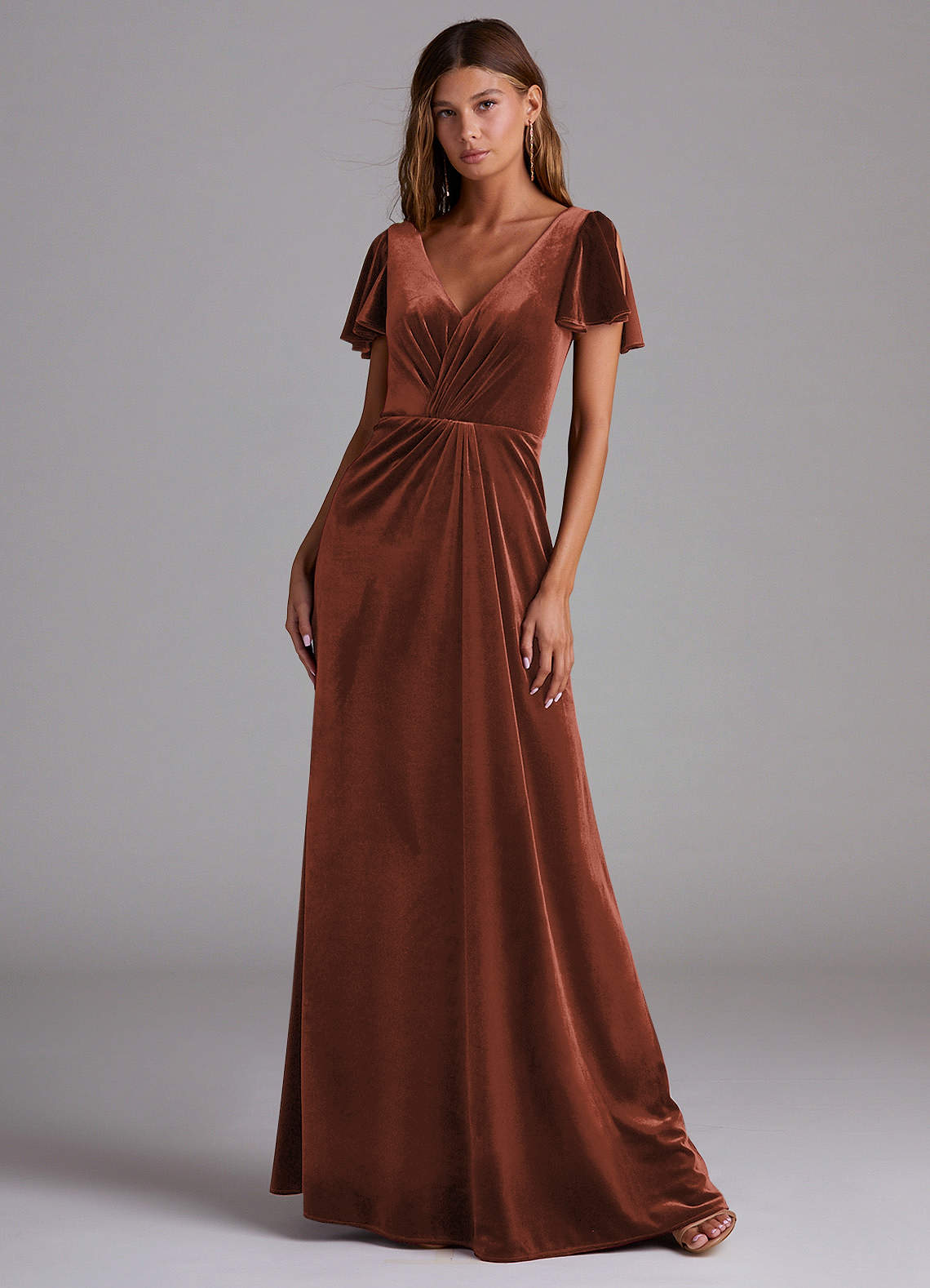 terracotta bridesmaid dresses velvet Zapaka Women Terracotta High Neck Long Sleeves Bridesmaid Dress Velvet Sheath Ruched Wedding Guest Dress, Terracotta / US16W