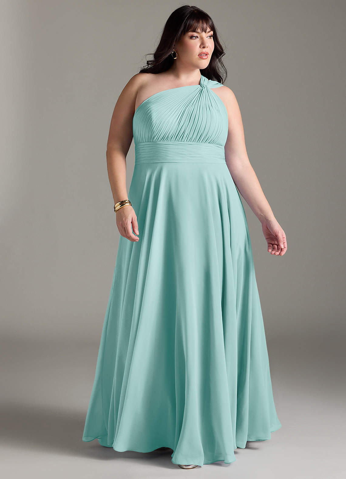 Azazie Charlize Vestidos de damas de honor Vestido de Aqua de Gasa de Corte en A con Hombro unilateral image8