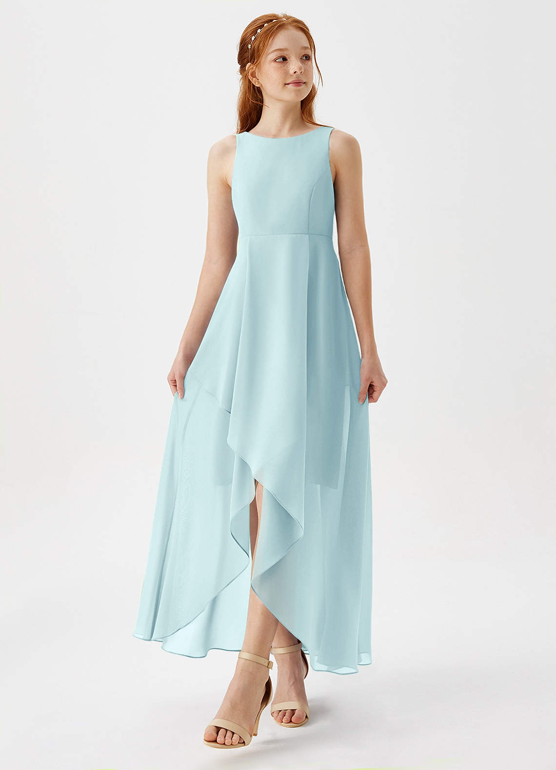 Azazie Lizette Junior Abito A-Line in Chiffon Plissettato Sea Glass image3