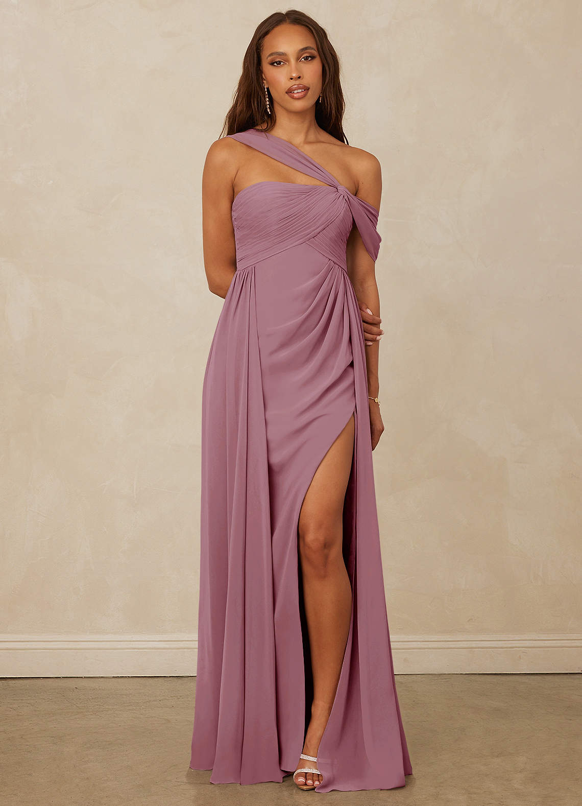 Christian Siriano Bridal for Azazie 1014 Bridesmaid Dresses Vintage Mauve A-Line Off the Shoulder Chiffon Dress image1