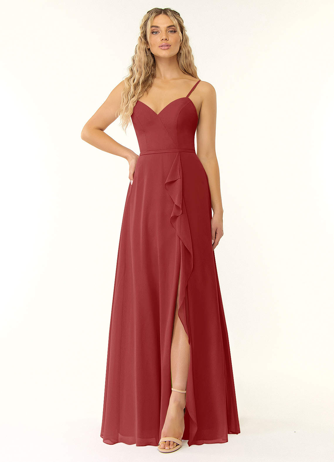 Azazie Naeem Bridesmaid Dresses Rust A-Line V-Neck Ruffle Chiffon Dress image1