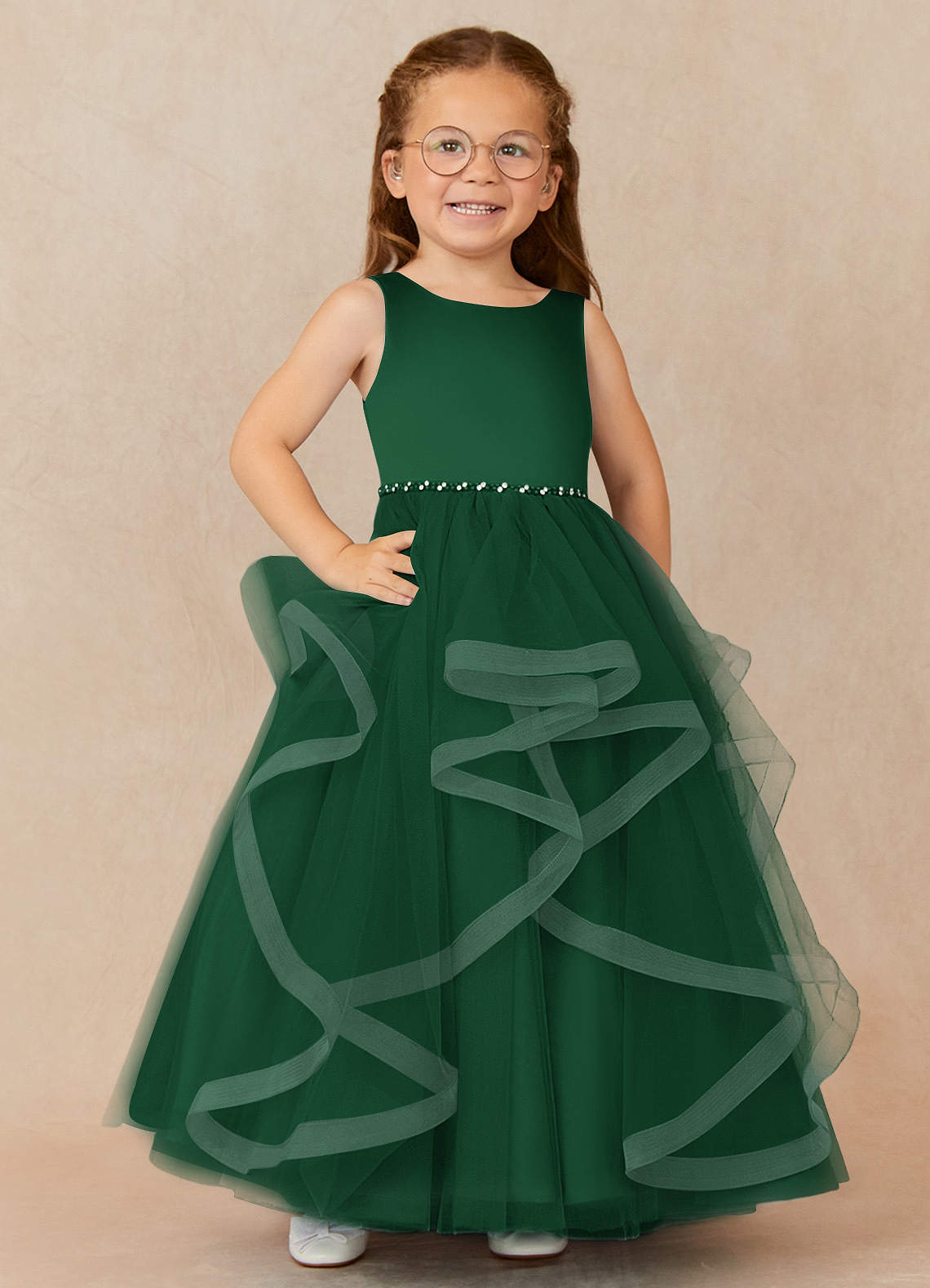 Azazie Sofia Flower Girl Dresses Dark Green A-Line Beaded Tulle Dress image1