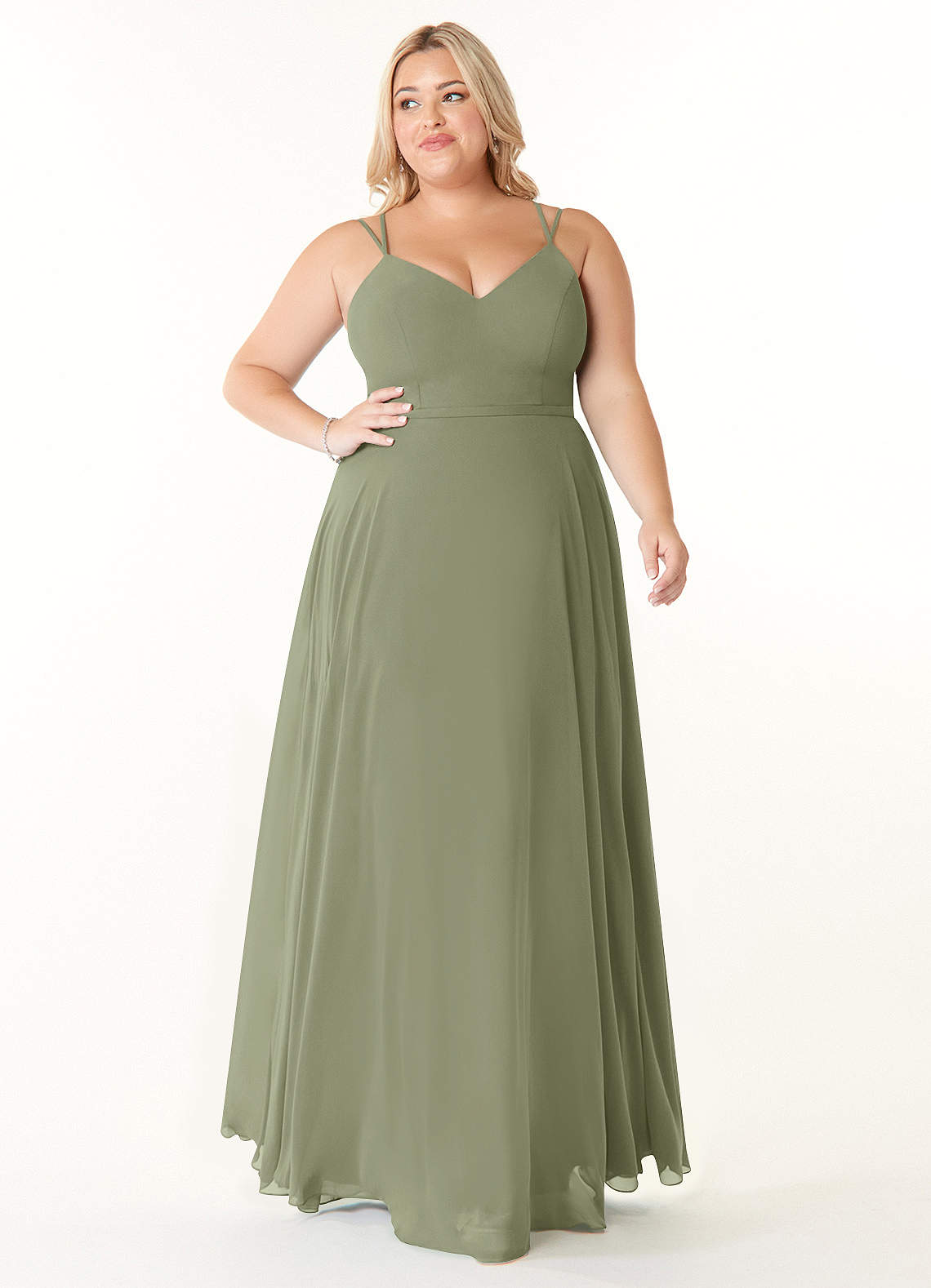 Azazie Janine Brautjungfernkleider A-Linie V-Hals Chiffon Kleid Pistazie image1