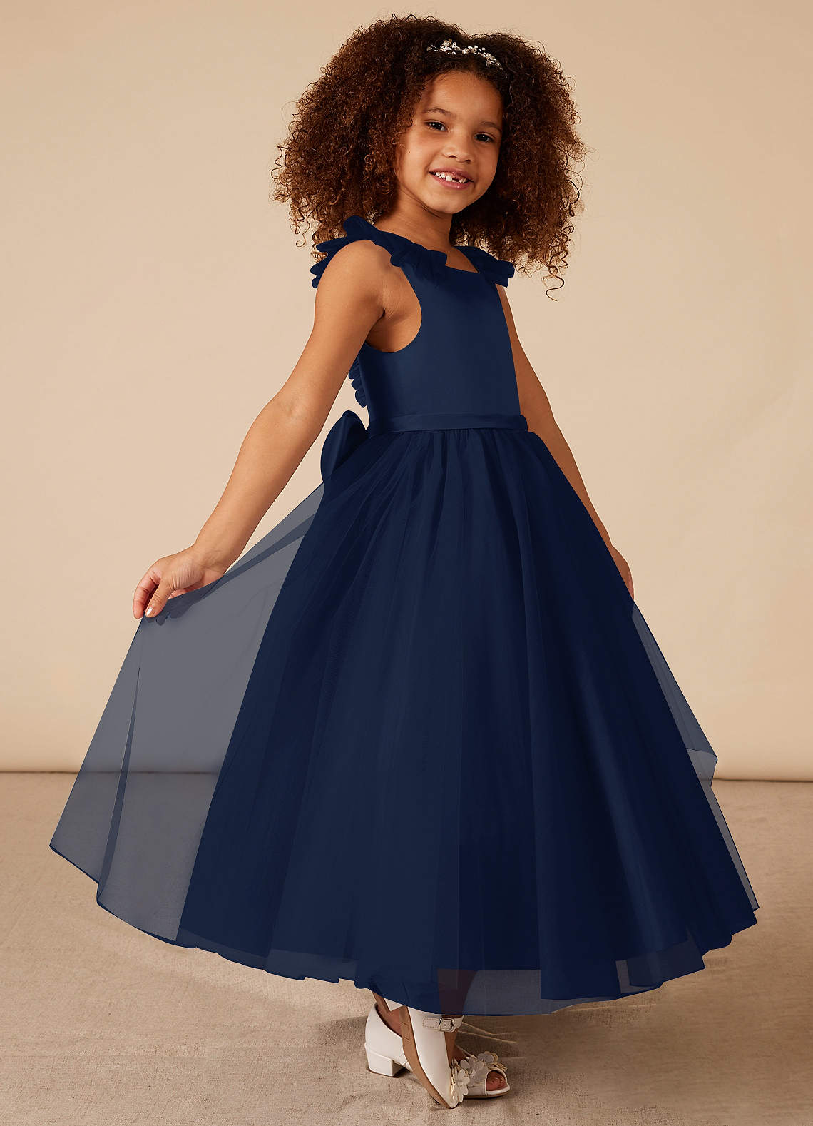 Dark Navy Azazie Dolly A-Line Bow Tulle Ankle-Length Dress | Azazie