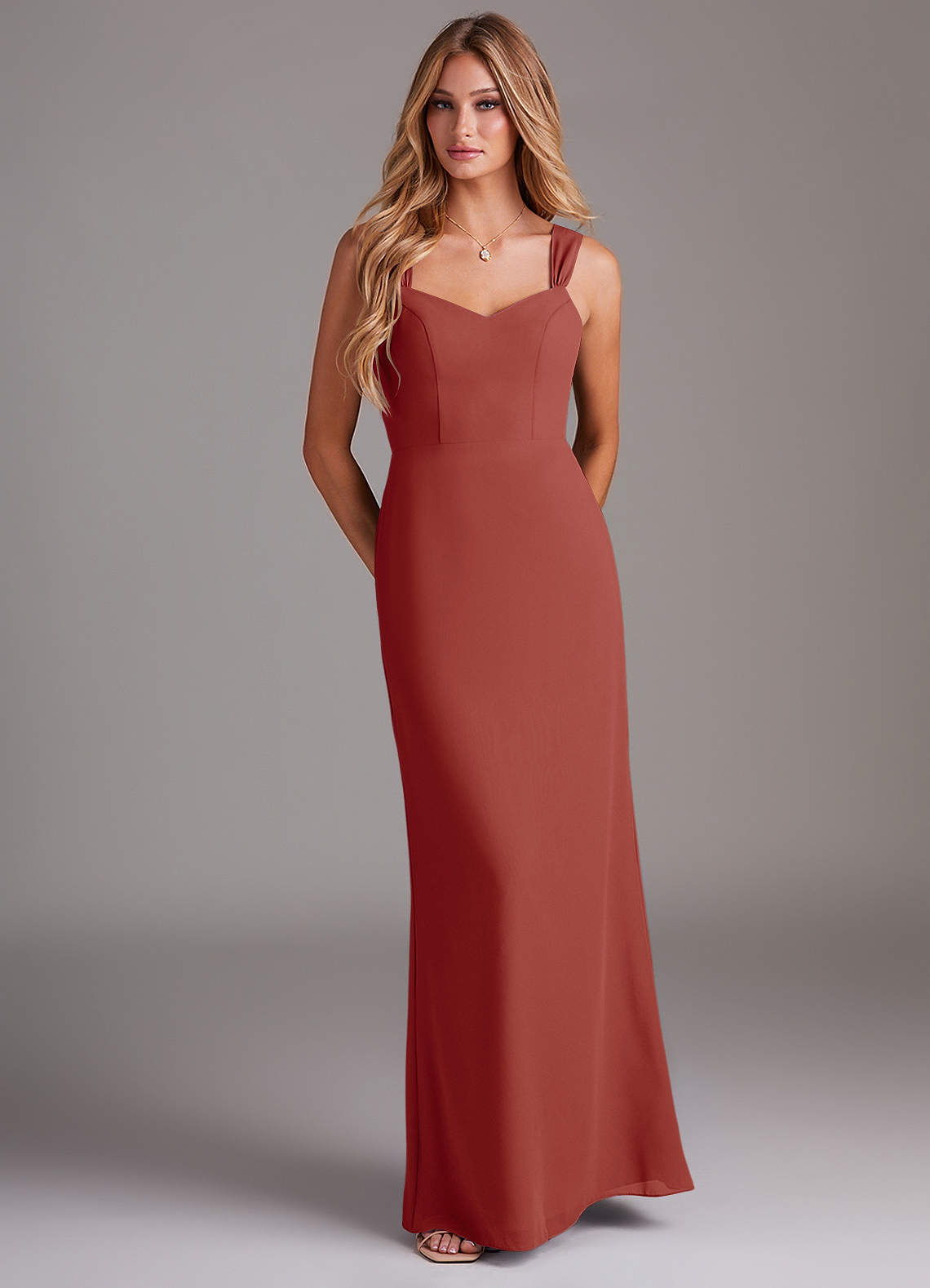Azazie Denice Bridesmaid Dresses Terracotta Sheath Pleated Chiffon Dress image1