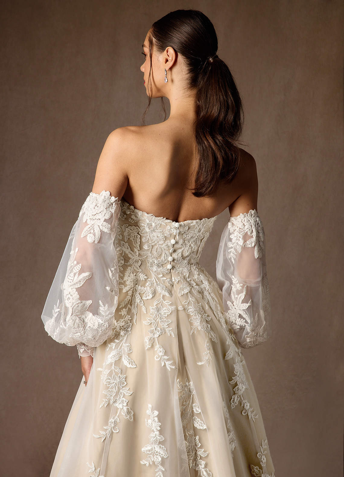 Azazie Madeleine At-home Try On Dresses Diamond White Champagne Ball-Gown Strapless Lace Dress image8