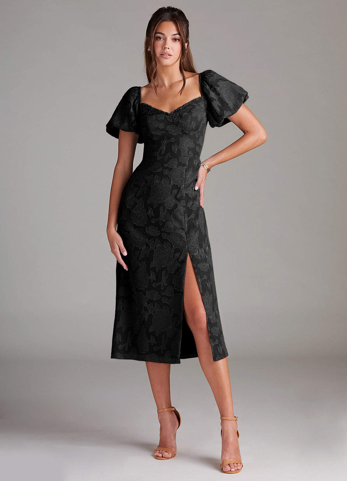Azazie Evalina Bridesmaid Dresses Black Sheath Floral Burnout Dress image1