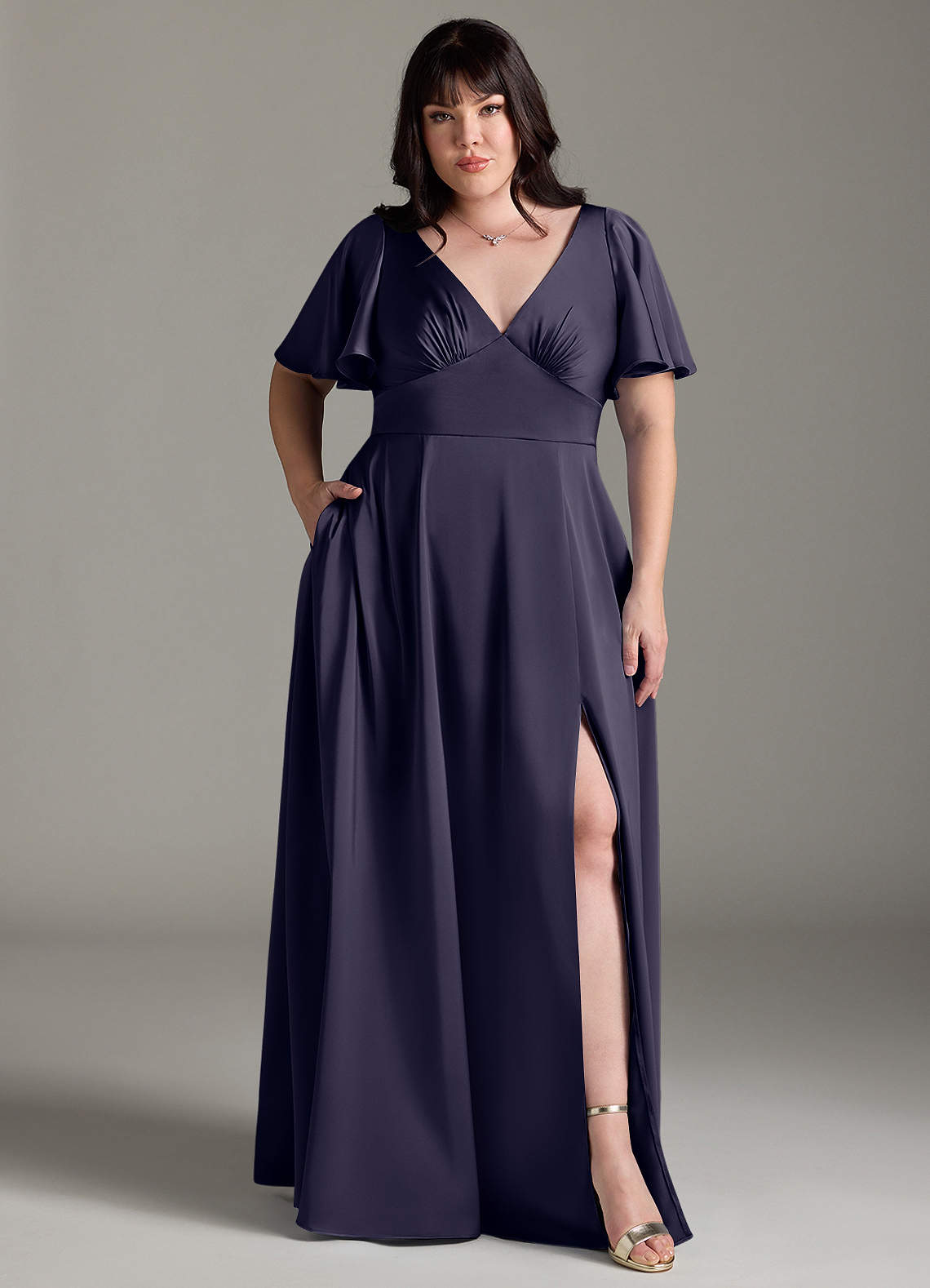 Azazie Kimber Bridesmaid Dresses Stormy A-Line Ruched Stretch Satin Dress image1