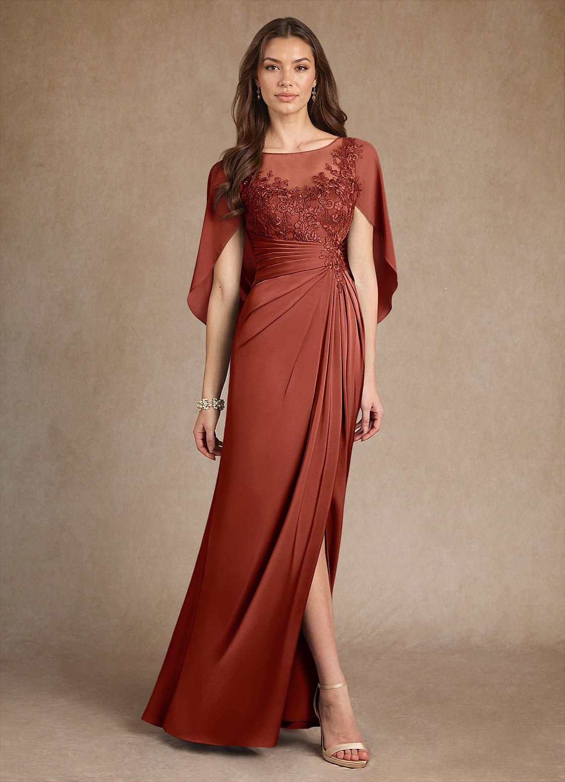 Azazie Hera Mother of the Bride Dresses Terracotta A-Line Lace Stretch Satin Dress image3