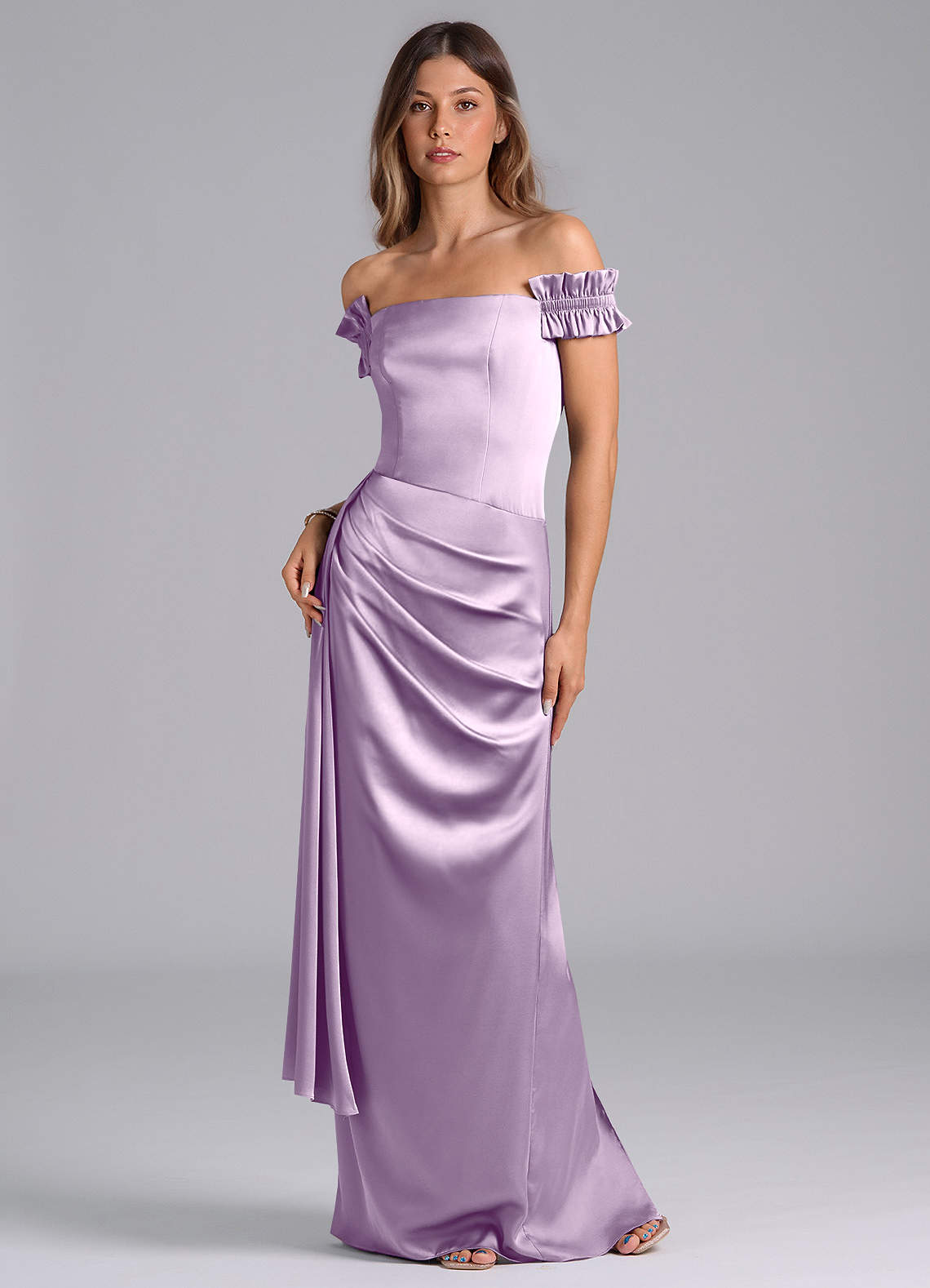 Azazie Kalysia Bridesmaid Dresses Frosted Lilac Mermaid Off the Shoulder Stretch Satin Convertible Dress image1