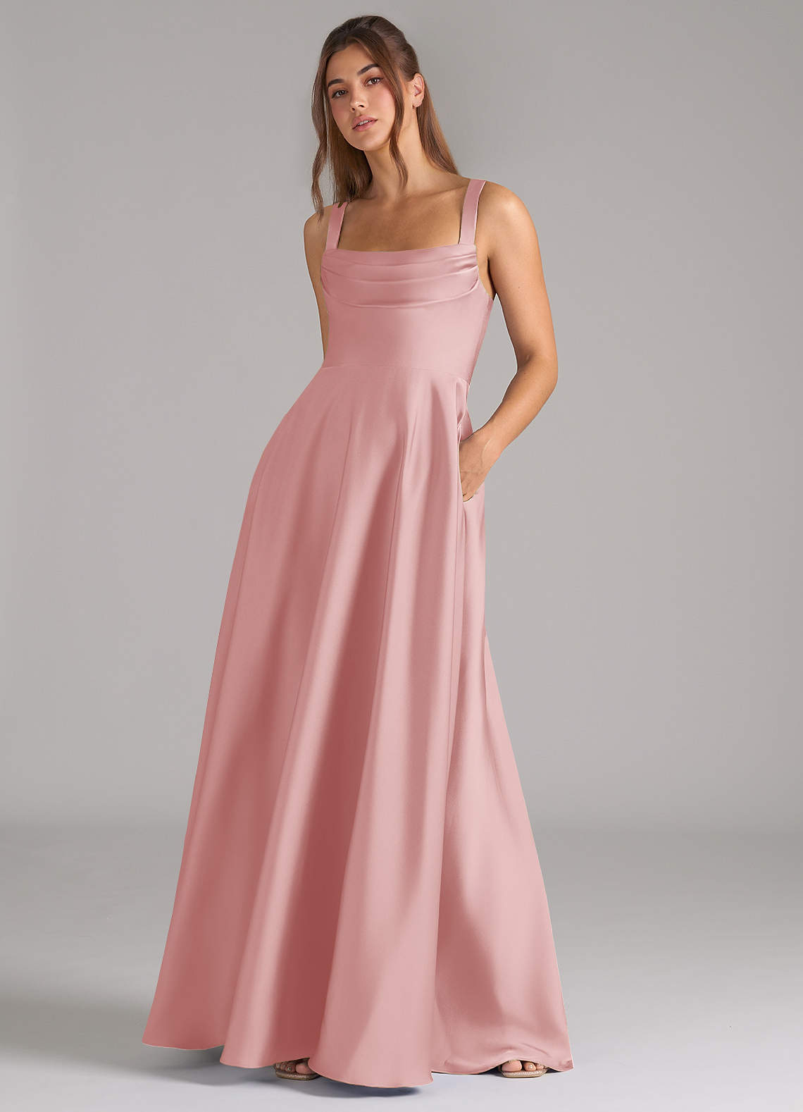 Azazie Shaude Bridesmaid Dresses Powder Pink A-Line Pleated Stretch Satin Dress image3