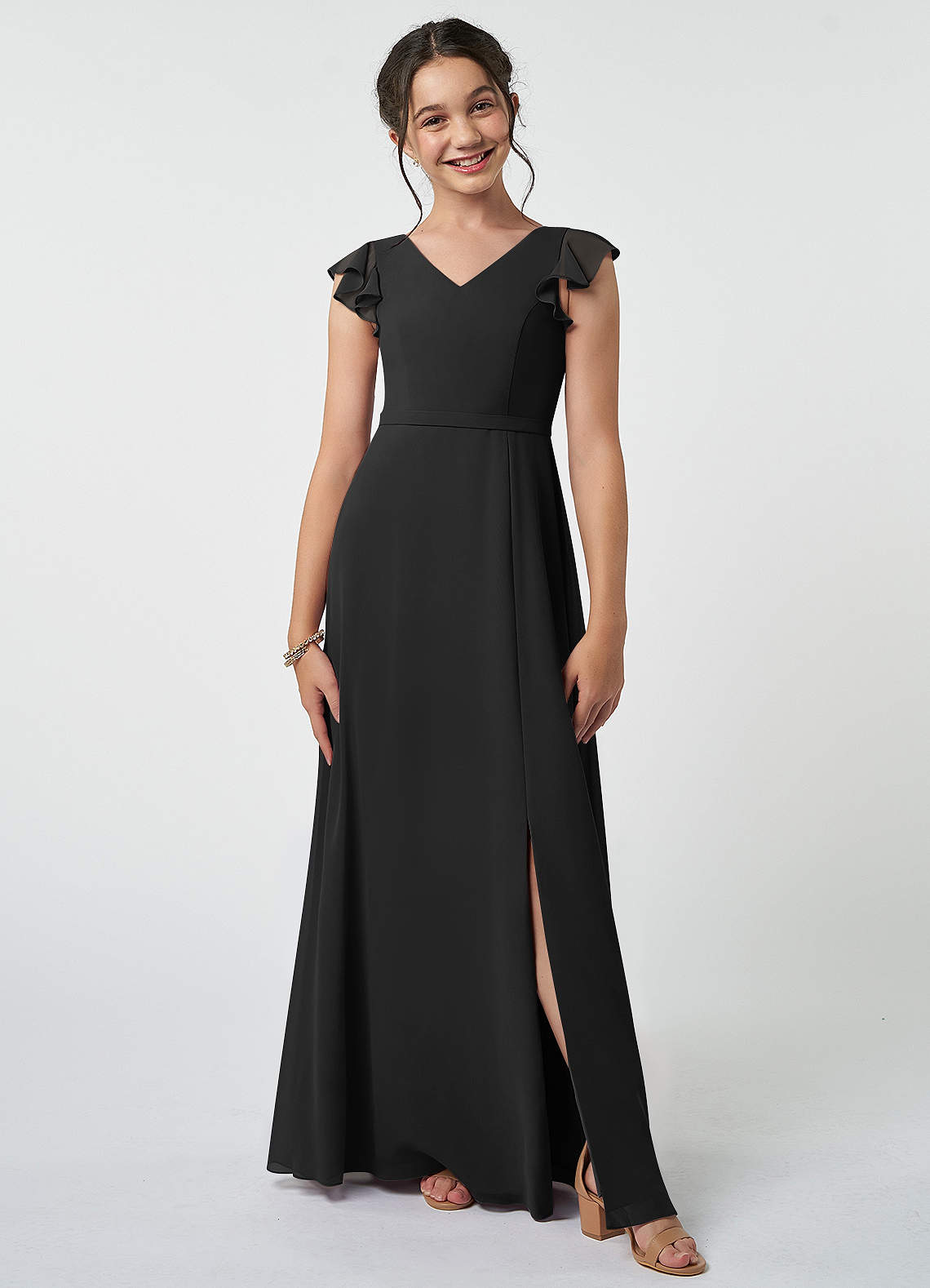 Azazie Claudine A-Linie Plissee Chiffon Kleider Schwarz image1